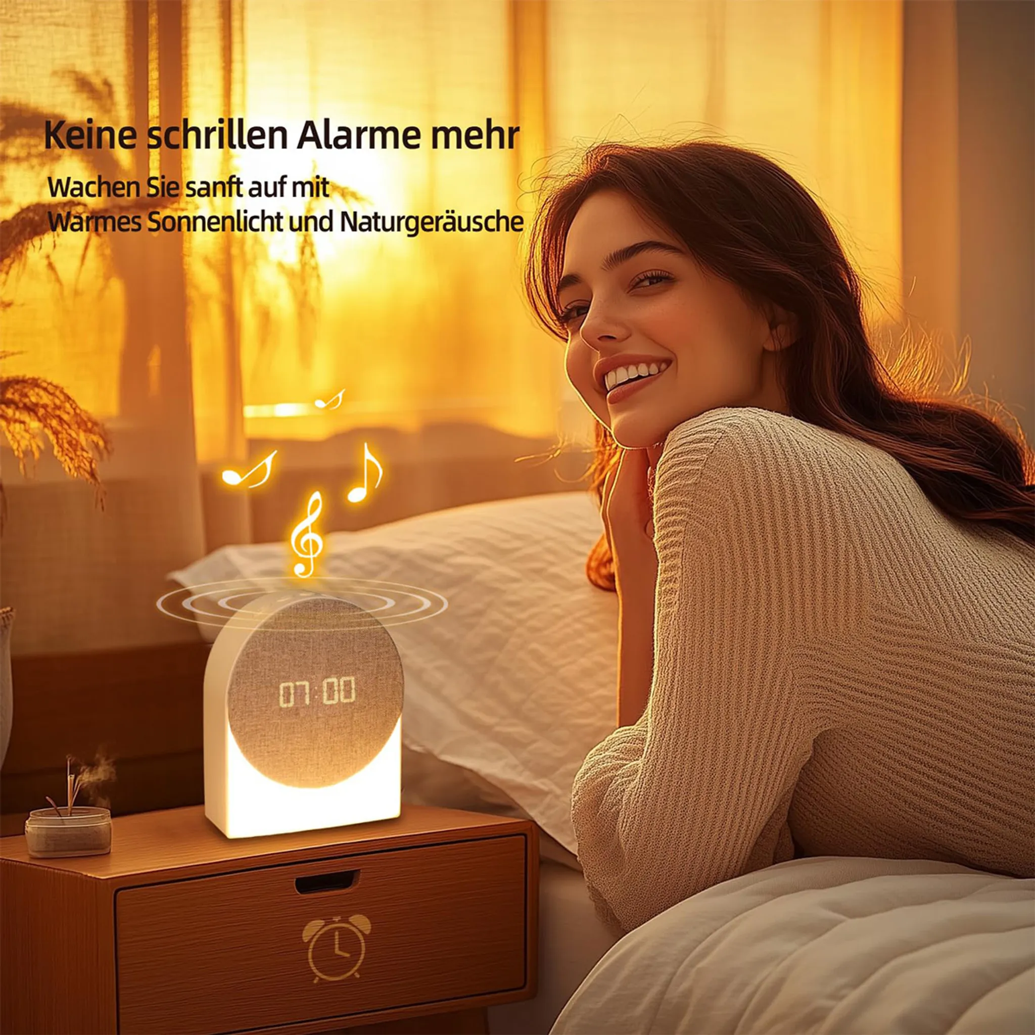 Eine lächelnde Frau im Bett neben einem runden Wecker, der Musiknoten und Licht ausstrahlt.