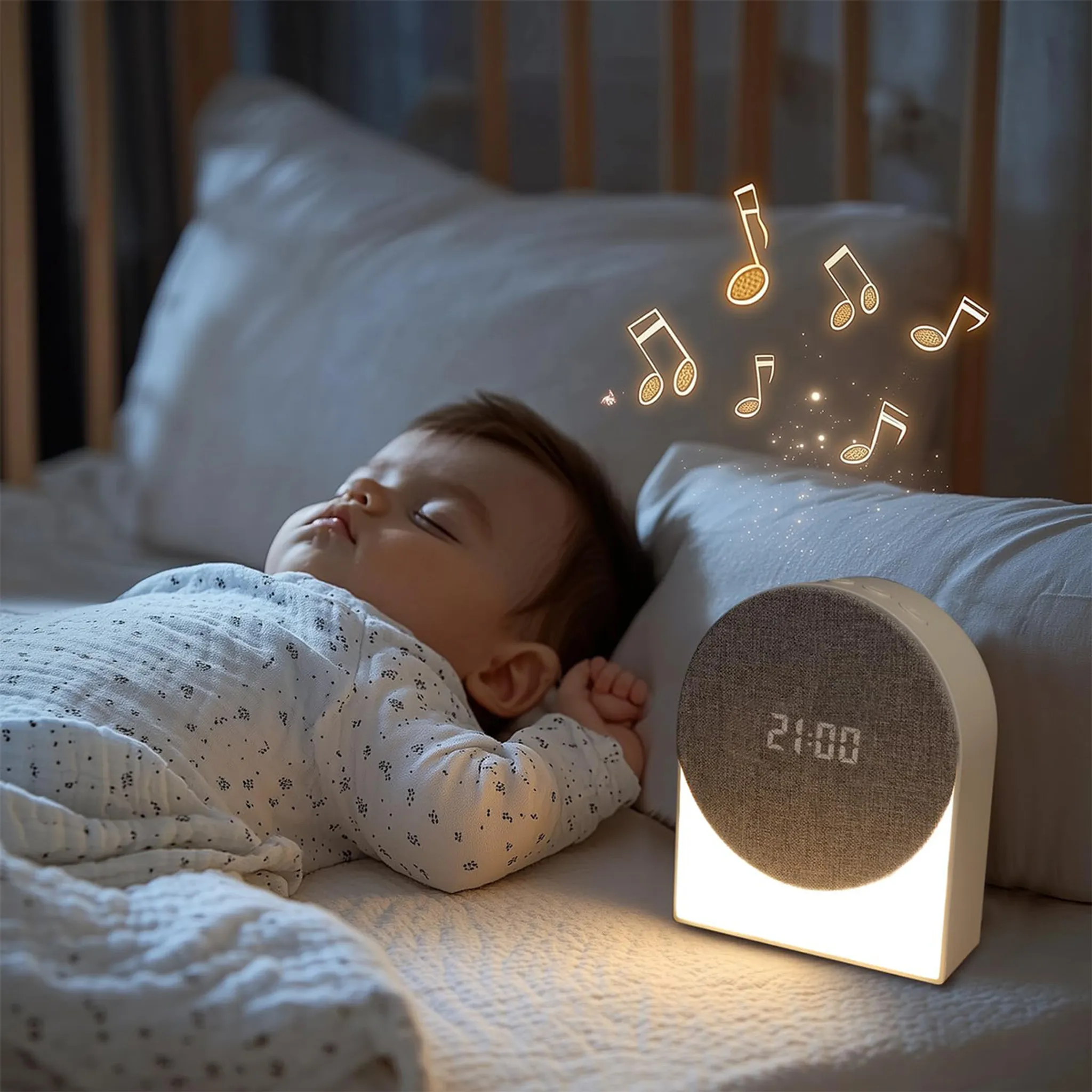 Ein Baby schläft friedlich in einem Bett neben einer leuchtenden Nachttischuhr, die Noten projiziert.