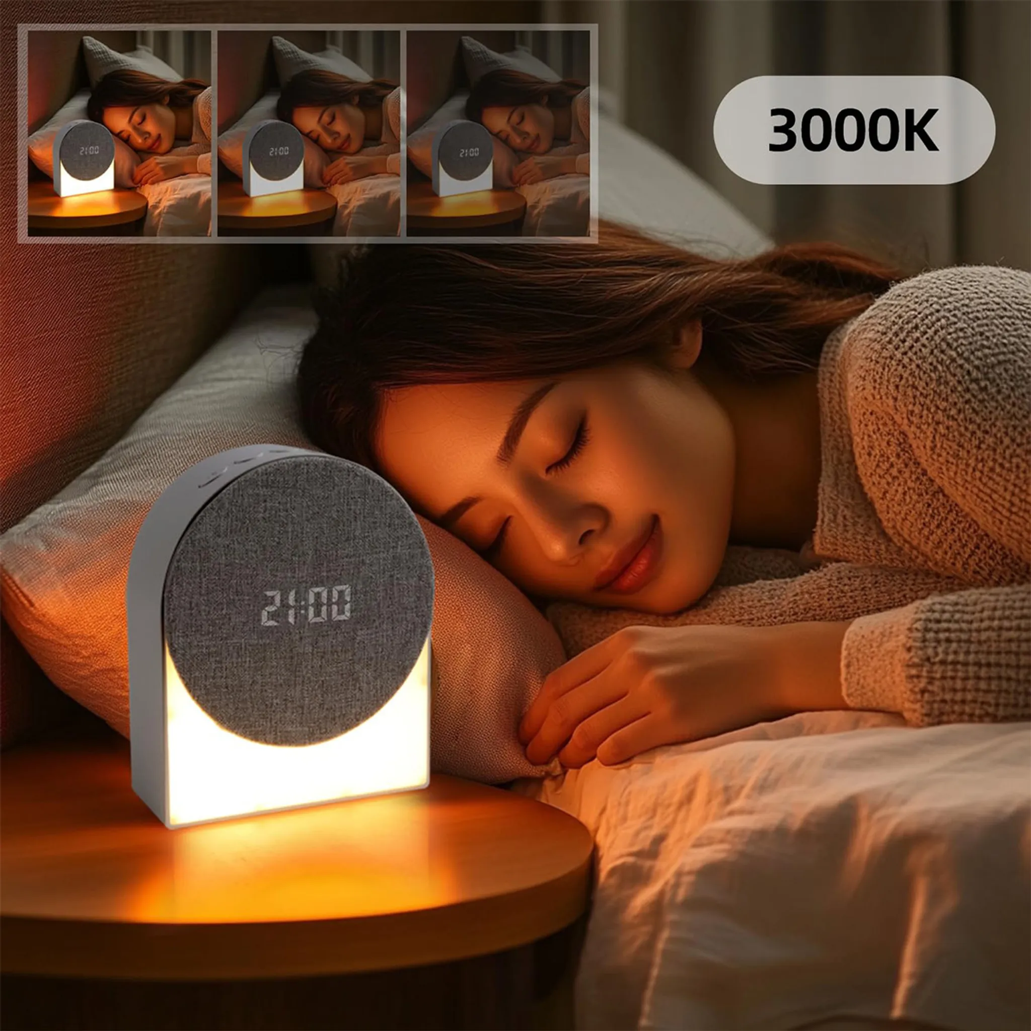 Eine Frau schläft im Bett neben einer leuchtenden Nachttischlampe mit Uhr.