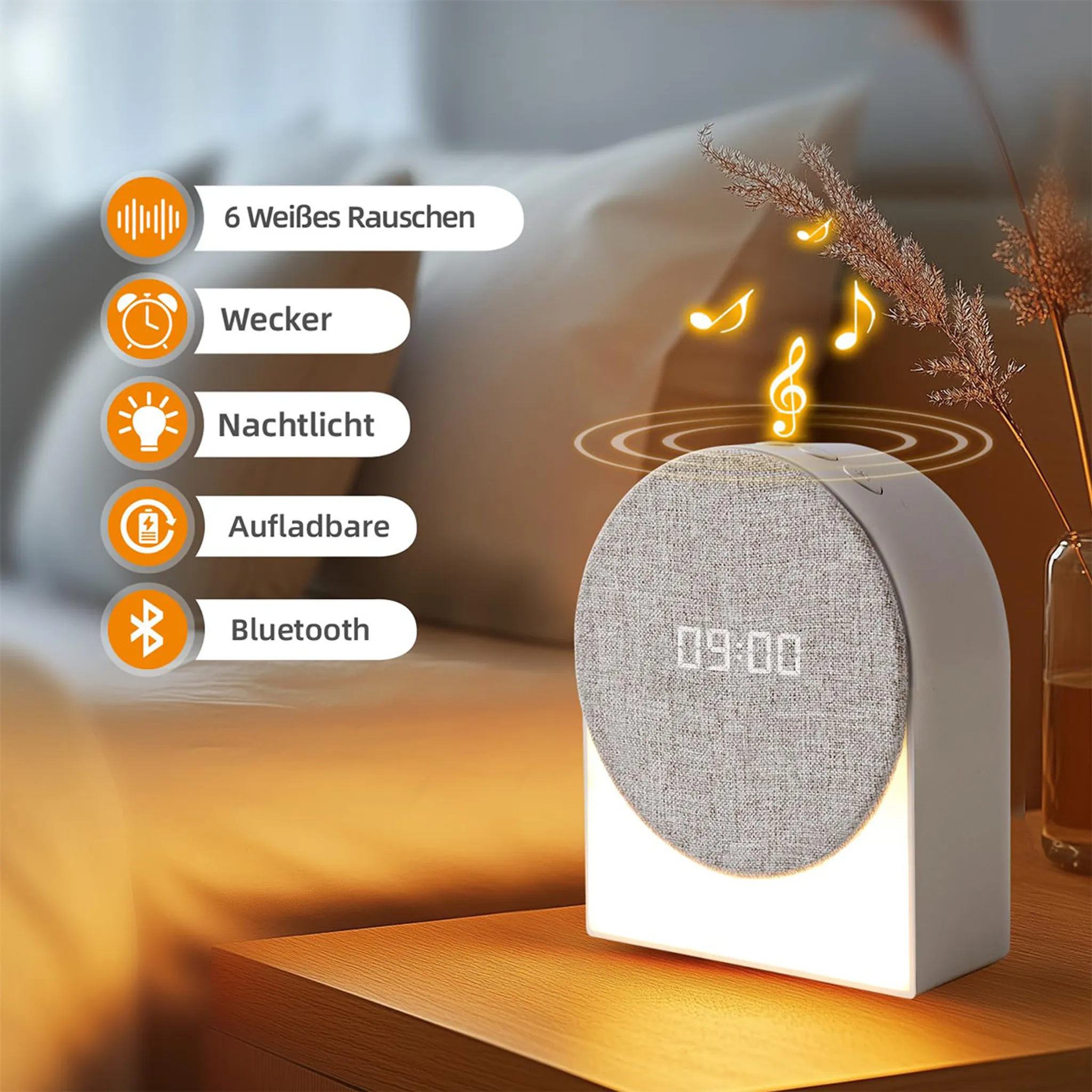 Moderner Nachttischwecker mit Stofffront, Nachtlicht und Musikfunktion auf einem Holztisch.