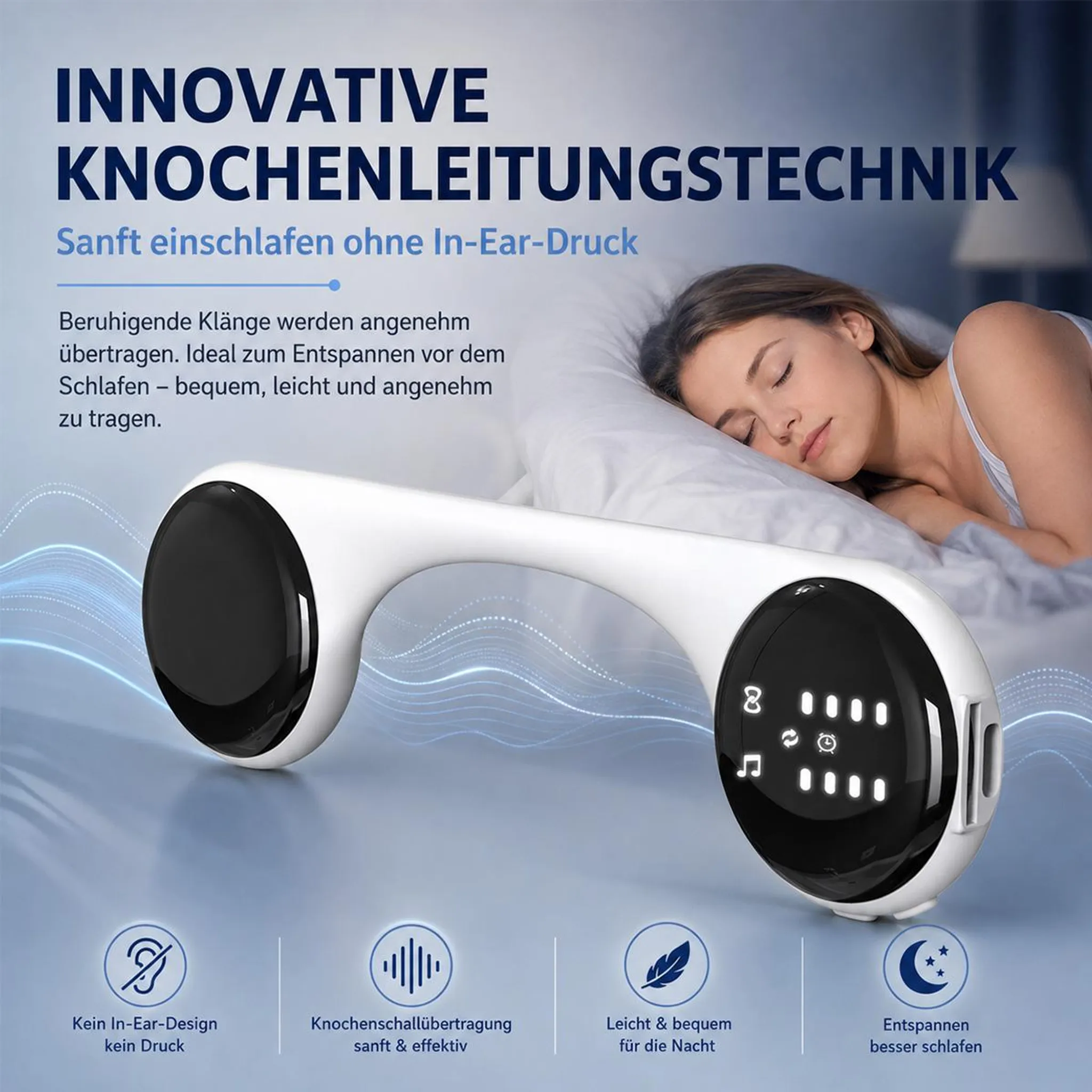 Ein weiß-schwarzes Knochenleitungshörgerät für den Schlaf mit deutscher Produktwerbung im Hintergrund.