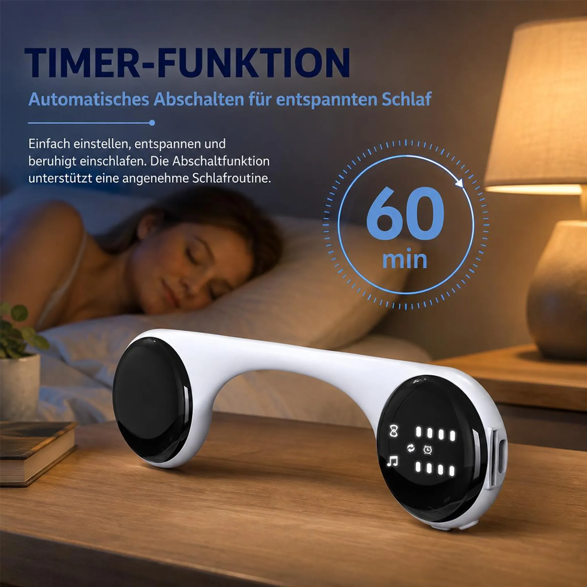Ein weißes, bogenförmiges Schlafgerät liegt auf einem Nachttisch, im Hintergrund schläft eine Frau.