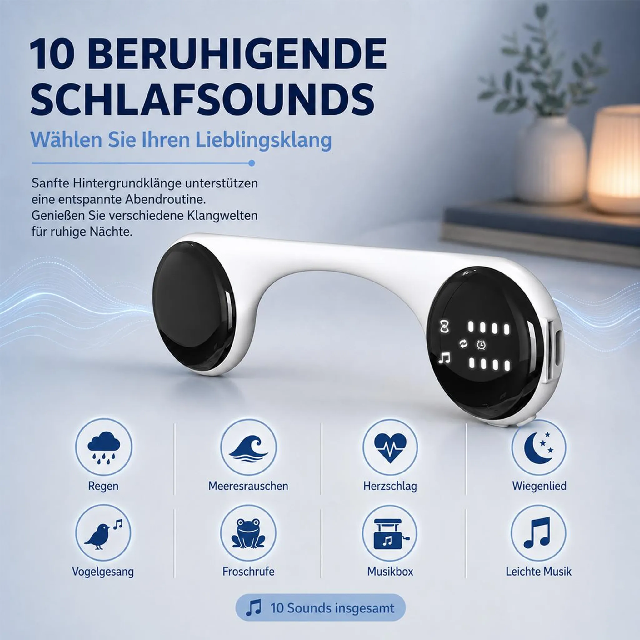 Ein weißes Schlafsofort-Gerät mit Bedienfeldern und Symbolen für zehn verschiedene beruhigende Klänge.