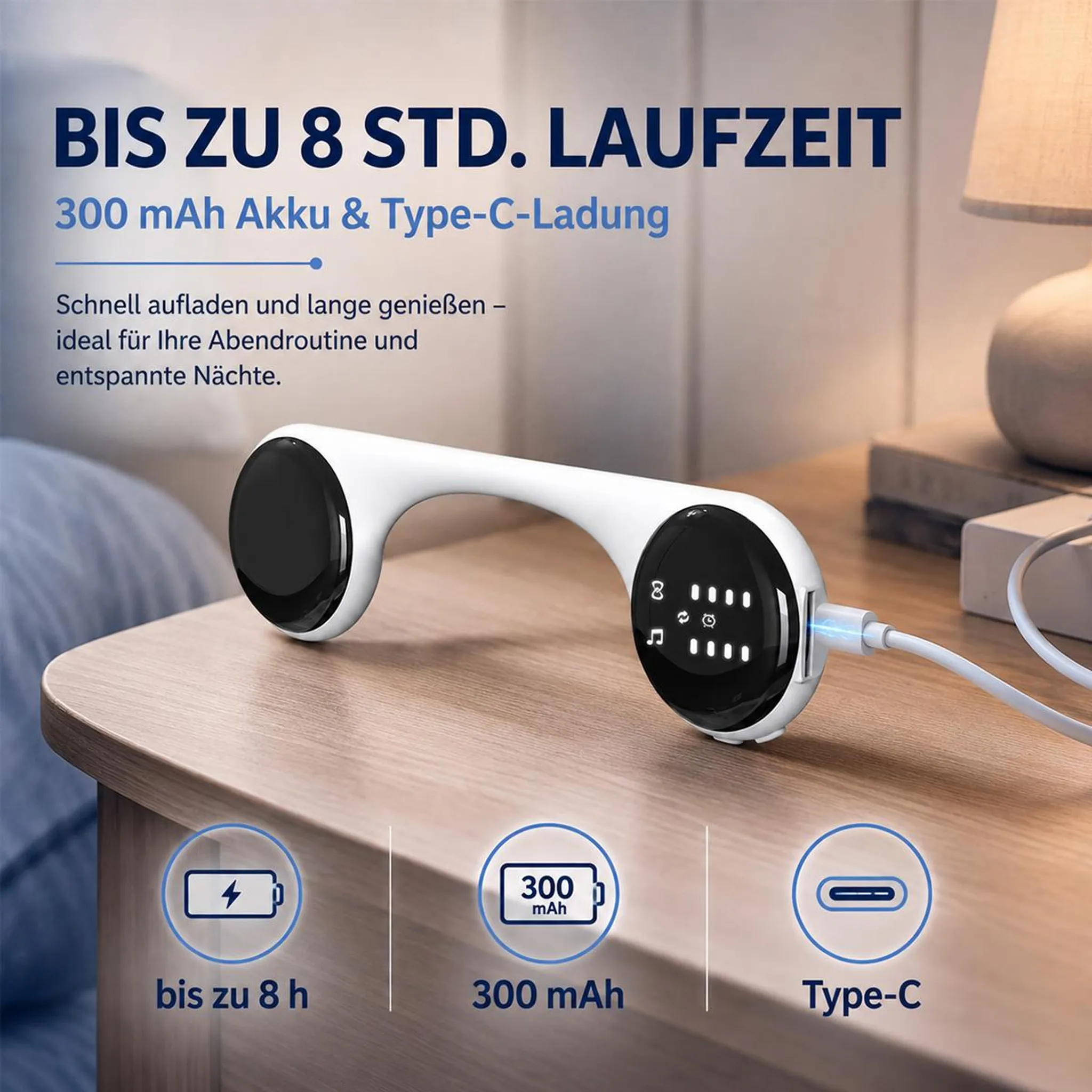 Weißes, nackenförmiges Gadget mit Akku, Typ-C-Ladeanschluss und Display auf Holztisch.