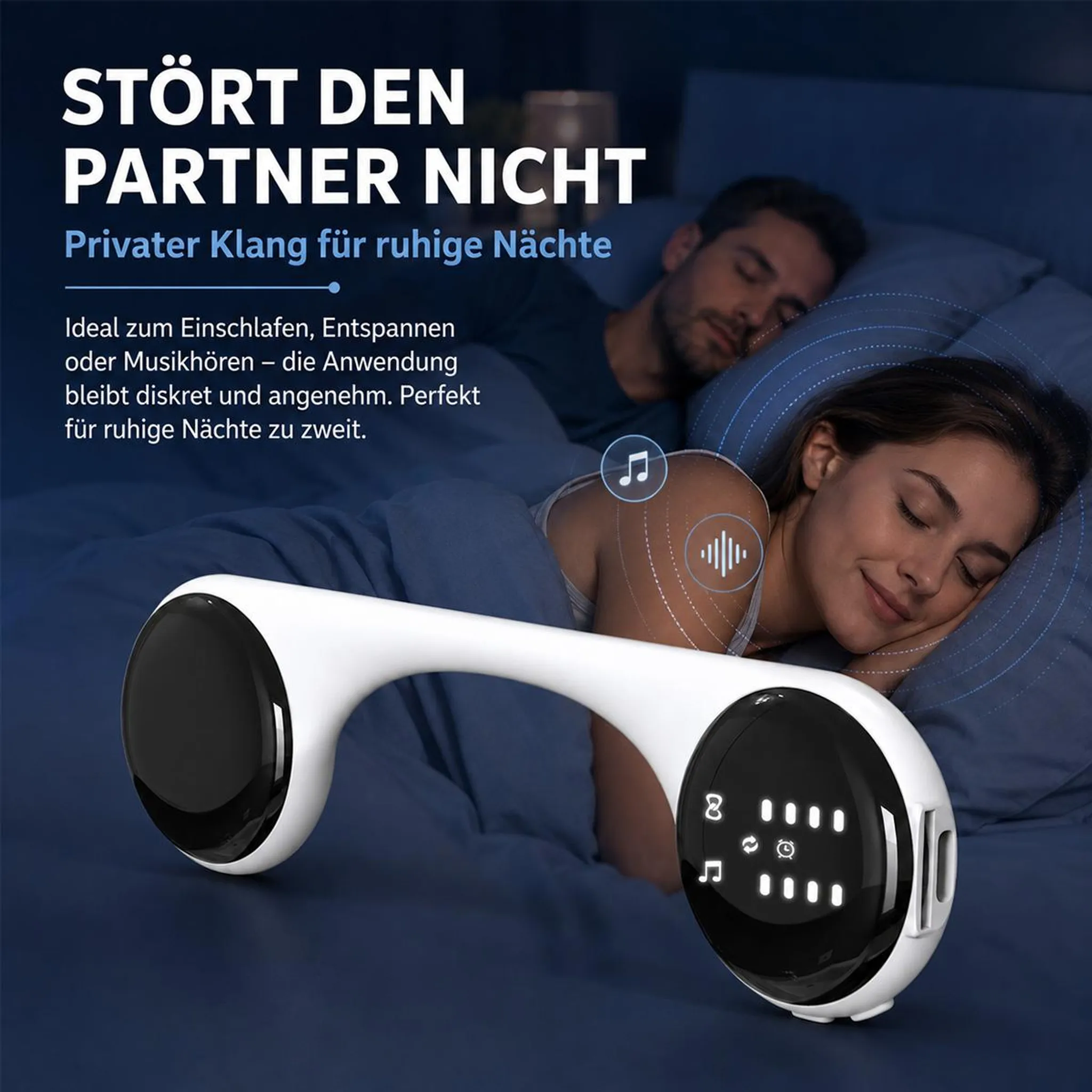 Ein weißer U-förmiger Nackenlautsprecher liegt im Vordergrund, während ein Paar im Hintergrund schläft.
