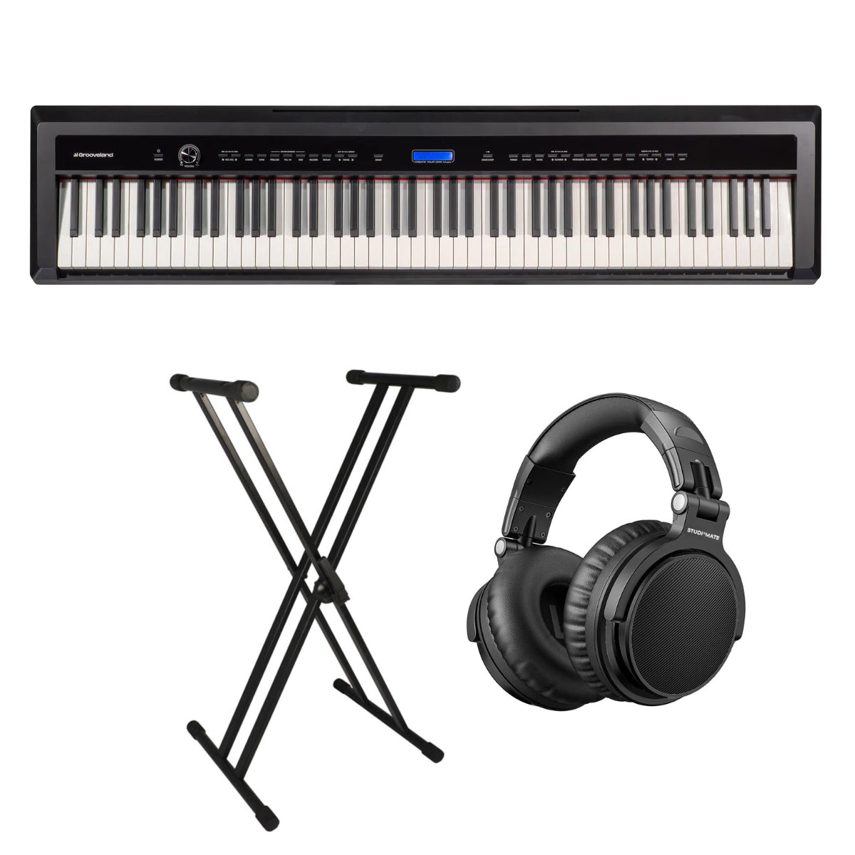 Ein schwarzes Digital-Keyboard, ein X-Ständer und schwarze Over-Ear-Kopfhörer vor weißem Hintergrund.