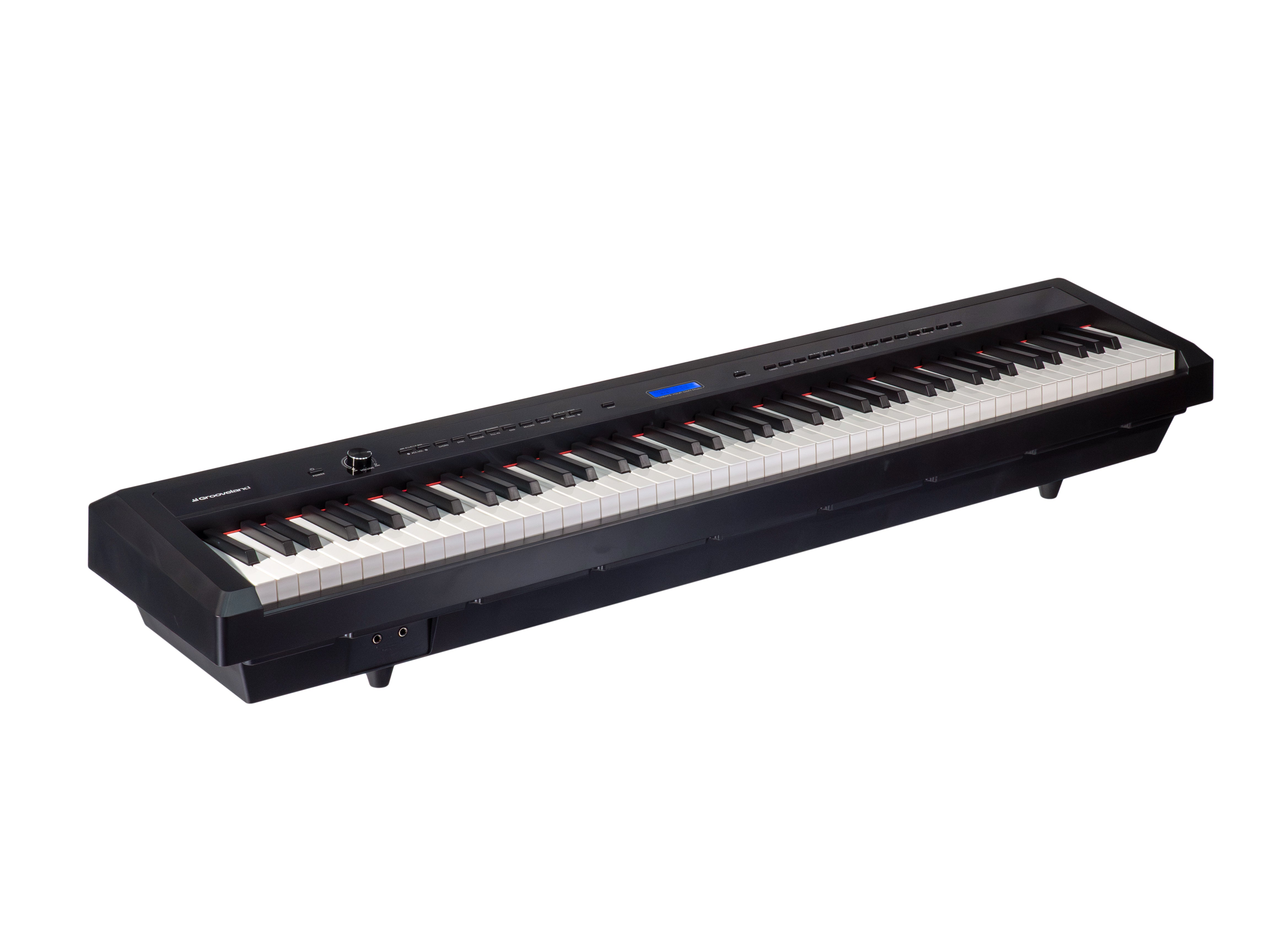 Ein schwarzes Elektronik-Keyboard steht auf weißem Hintergrund mit Blick auf die Tasten und Steuerelemente.