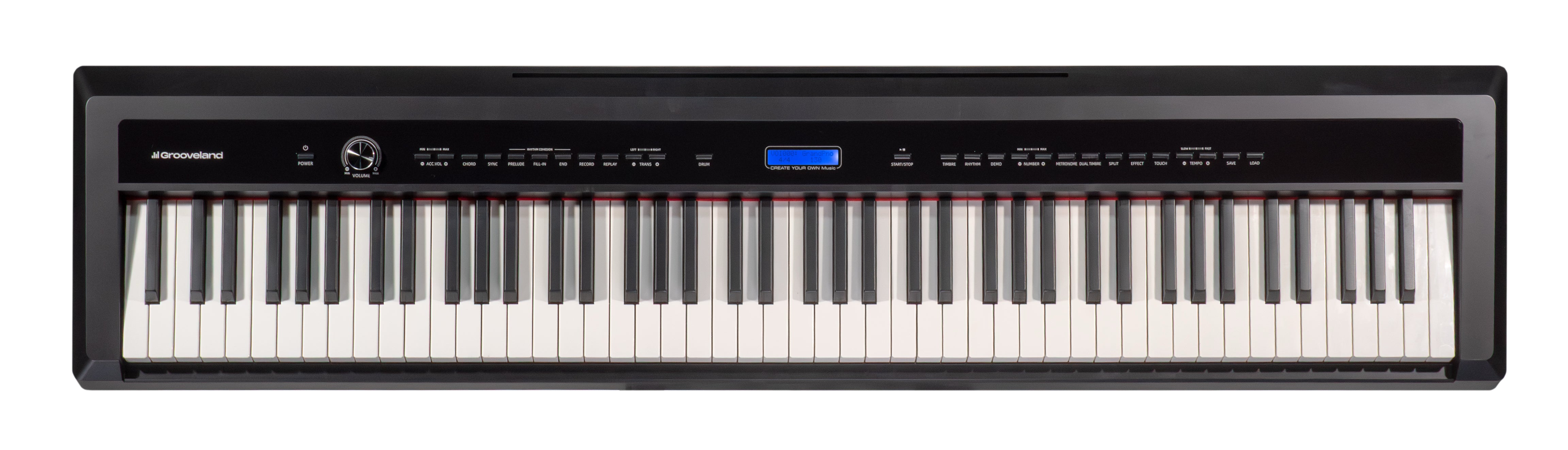 Ein schwarzes Digitalpiano mit weißen und schwarzen Tasten, Lautstärkeregler, Bedienelementen und Display.