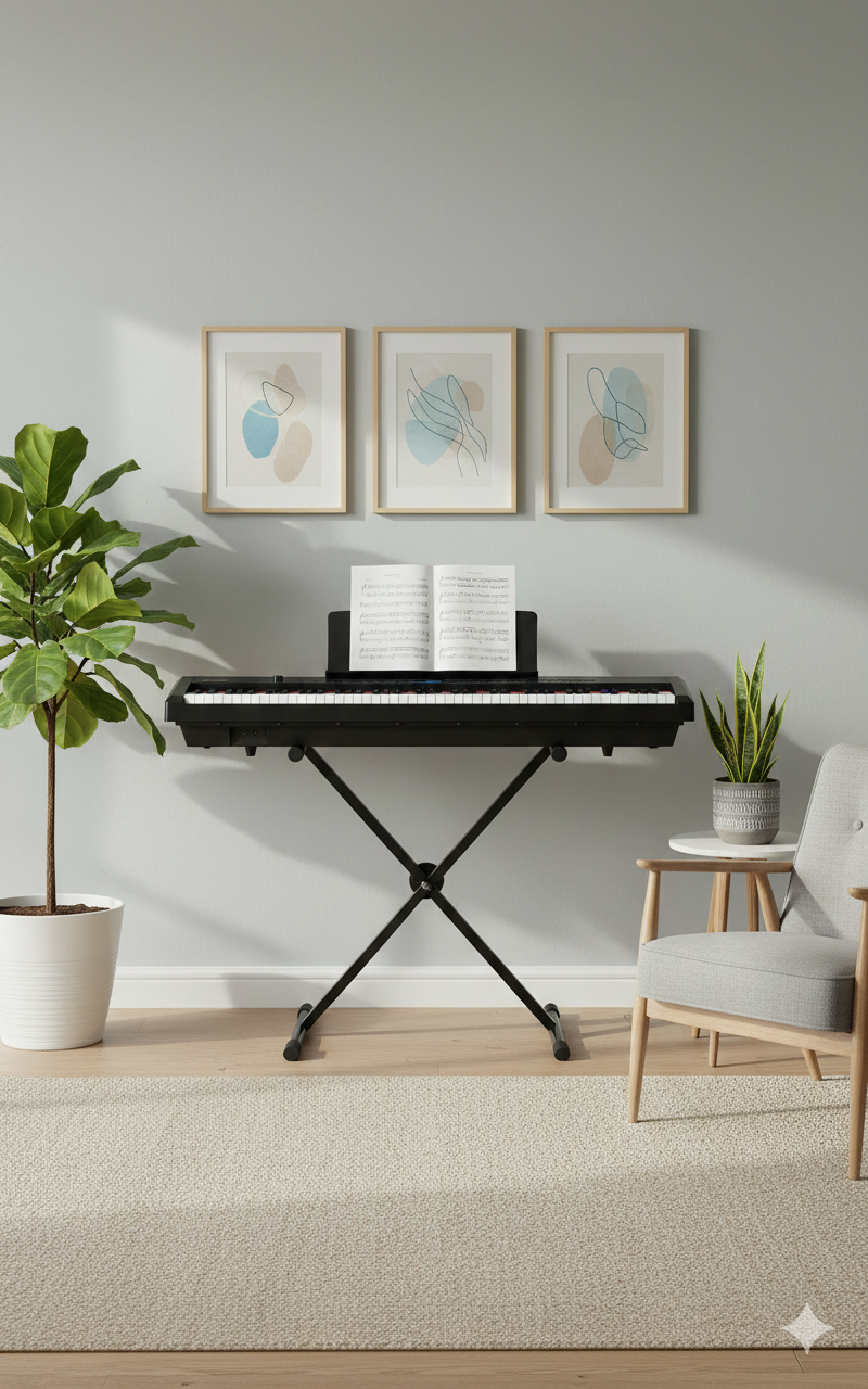 Ein schwarzes Keyboard auf Ständern steht vor einer Wand mit drei abstrakten Bildern, flankiert von Pflanzen und einem Sessel.