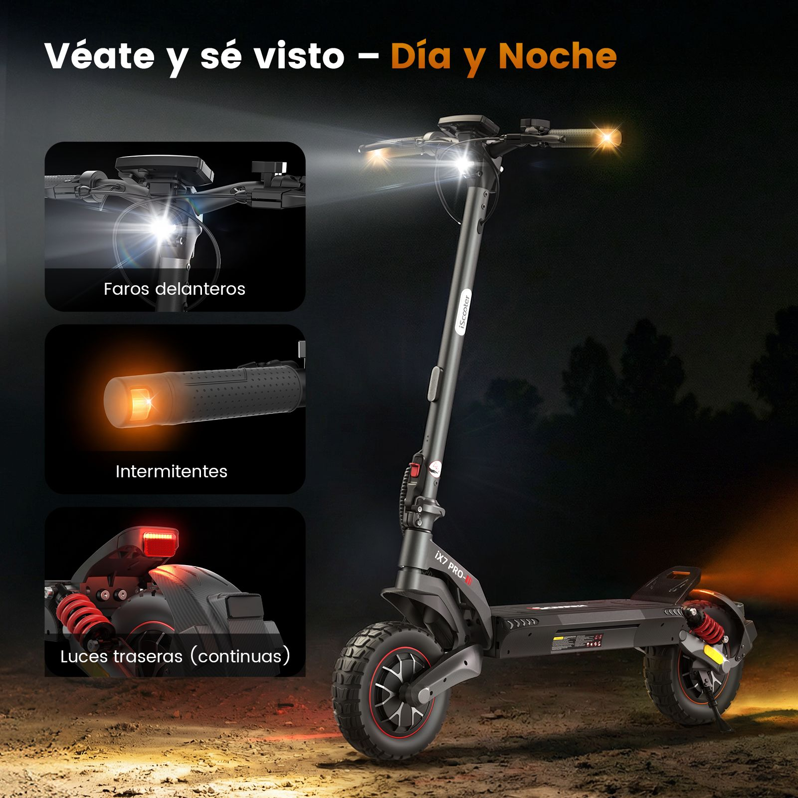 Un patinete eléctrico gris en la oscuridad con luces delanteras e intermitentes encendidos, con detalles.