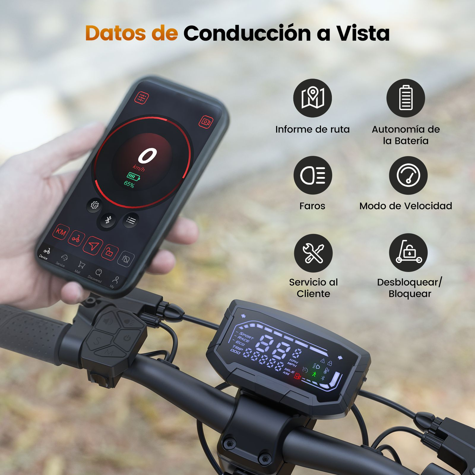 Un smartphone muestra una app de patinete junto a la pantalla del manillar.