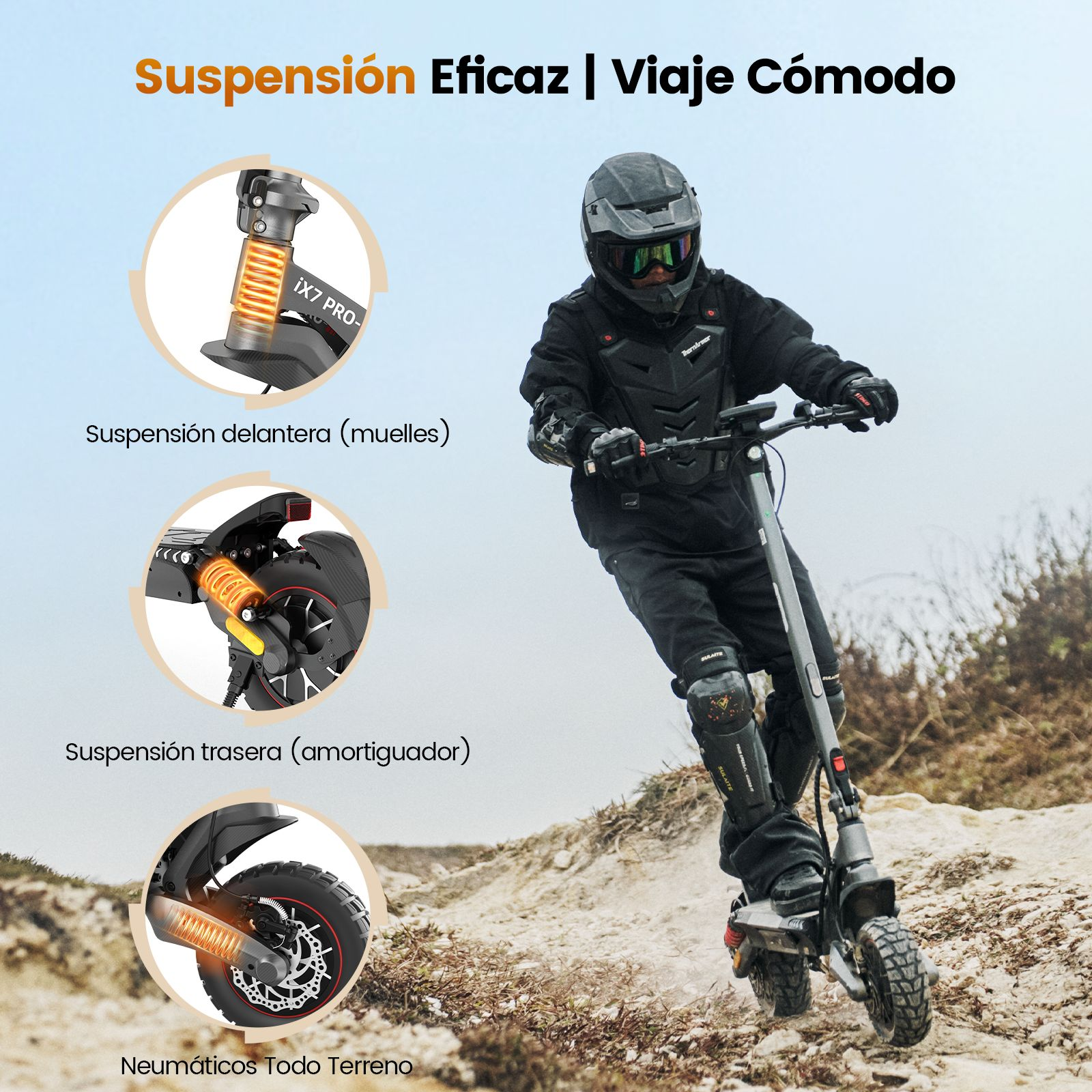 Un ciclista con equipo de protección conduce un patinete eléctrico todo terreno, con detalles de suspensión y neumáticos.