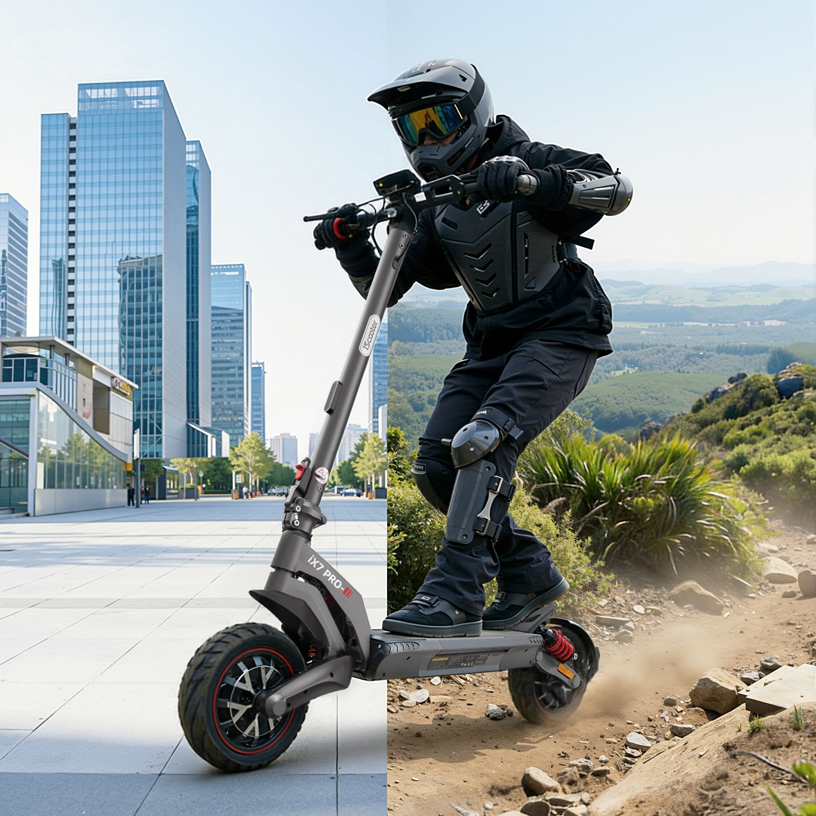 Un ciclista con equipo de protección conduce un patinete eléctrico frente a una ciudad y un camino de tierra.