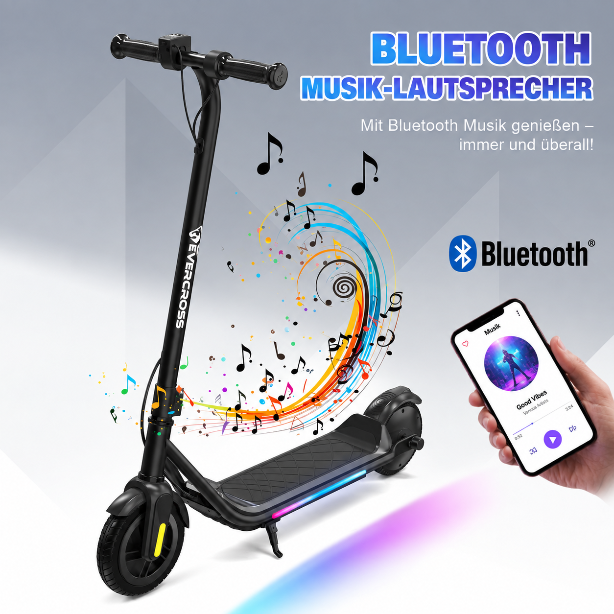 Ein schwarzer E-Scooter mit bunten Noten und einer Smartphone-Hand mit Musikplayer.