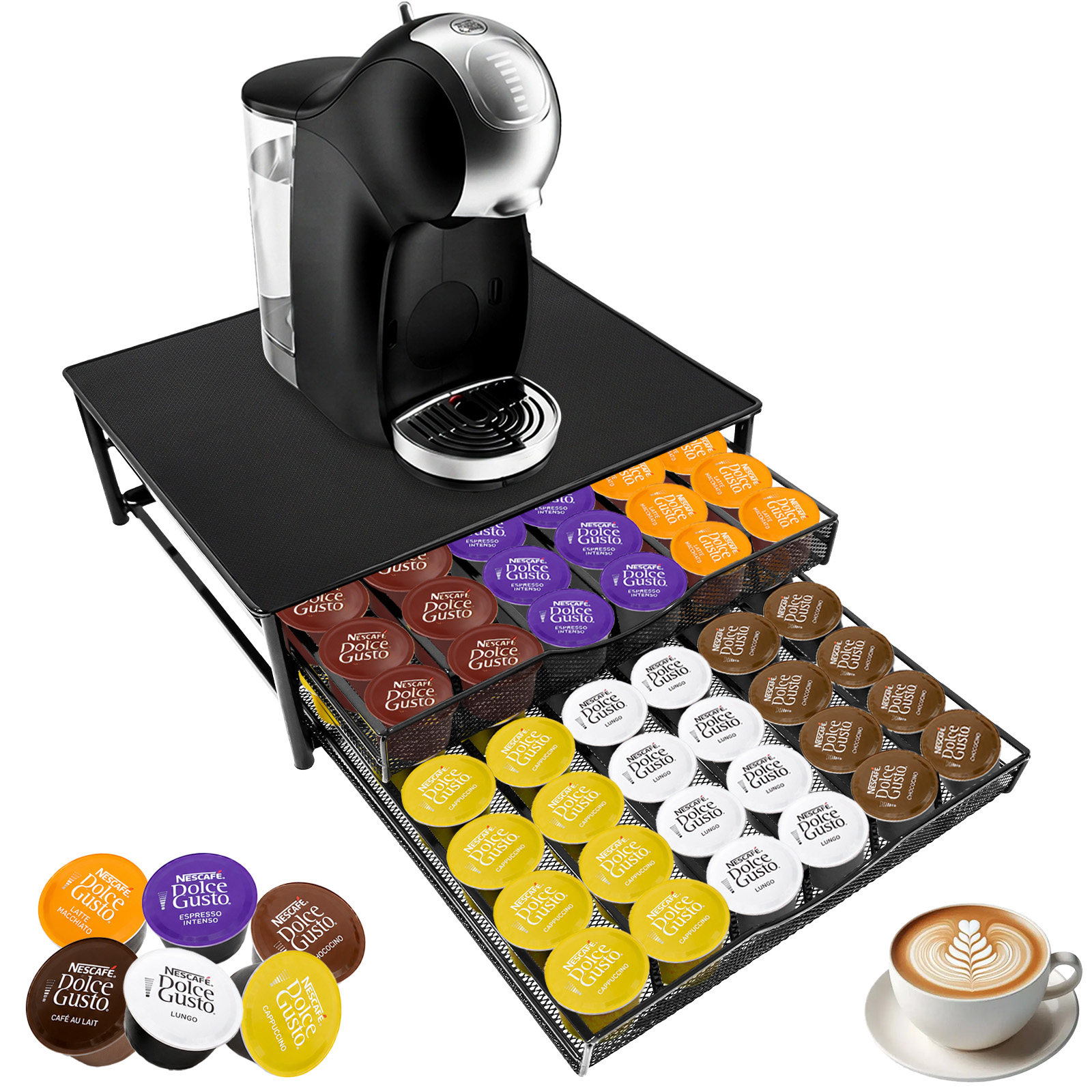 Eine schwarze Kaffeemaschine steht auf einem Metallständer mit zwei Schubladen voller Kaffeekapseln.