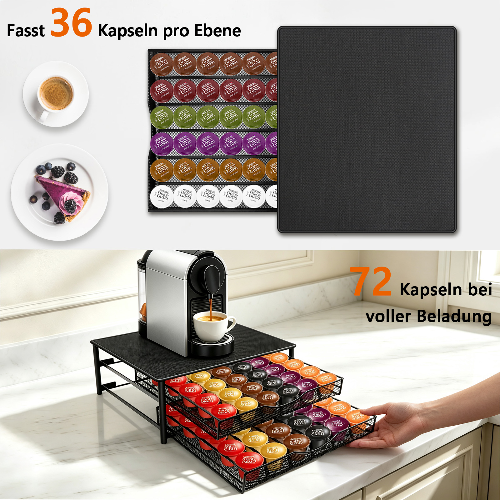 Ein schwarzer Kaffeekapselhalter mit zwei Schubladen für 72 Kapseln trägt eine Kaffeemaschine auf Marmor.