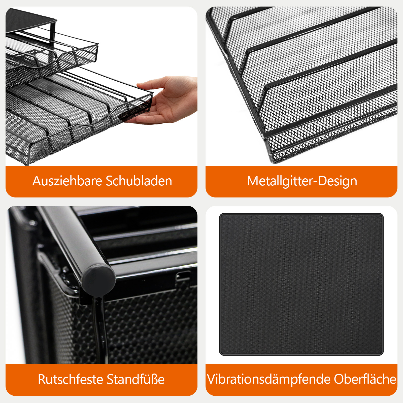 Schwarzer Metallgitter-Organizer mit ausziehbaren Schubladen, rutschfesten Füßen und vibrationsdämpfender Oberfläche.