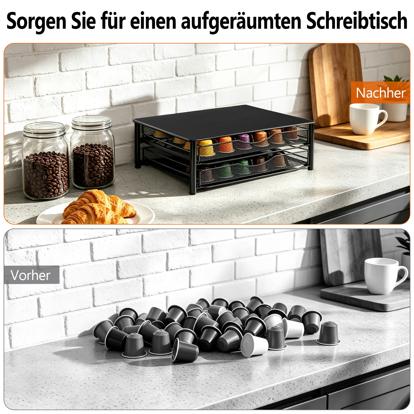 Vergleichsbilder vor und nach der Organisation von Kaffeekapseln in einem Kaffeekapselhalter auf einer Küchentheke.