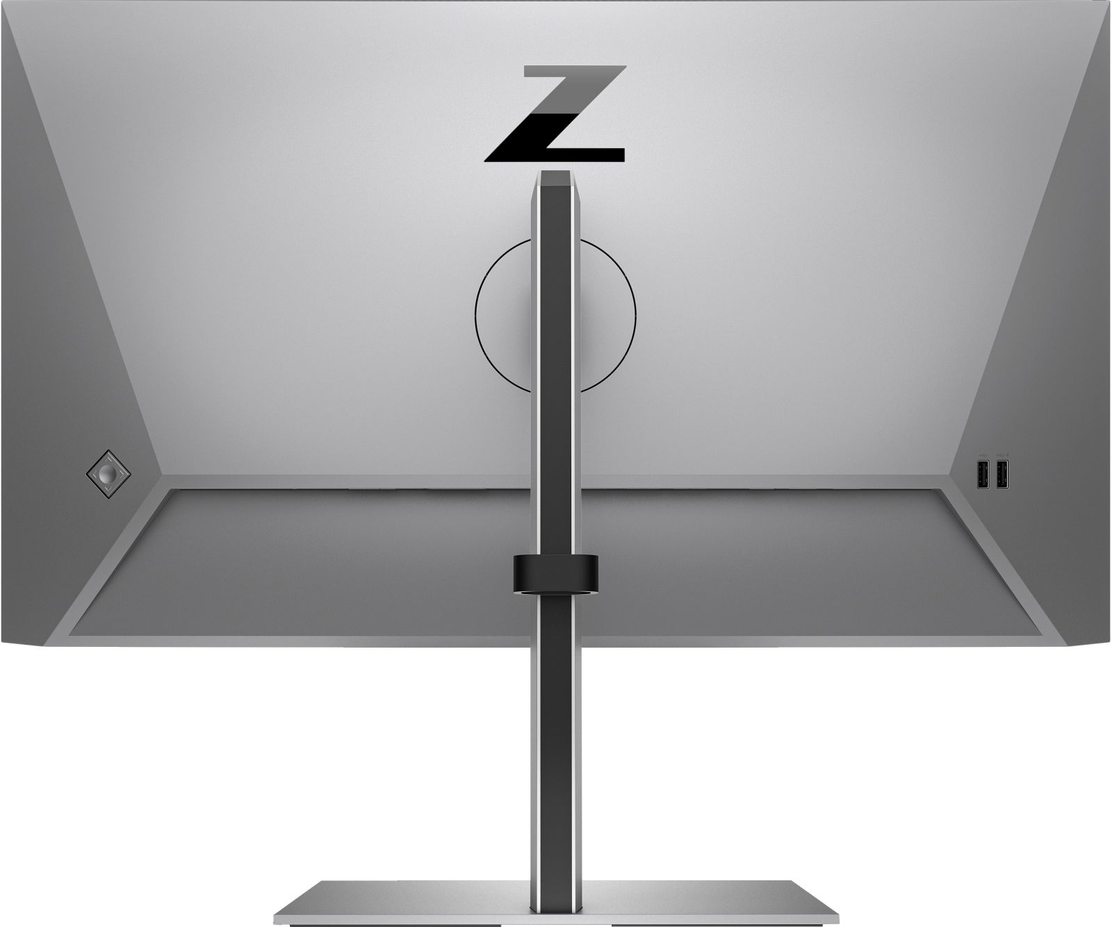 Vista posteriore di un monitor per computer argento con logo Z nero e supporto.