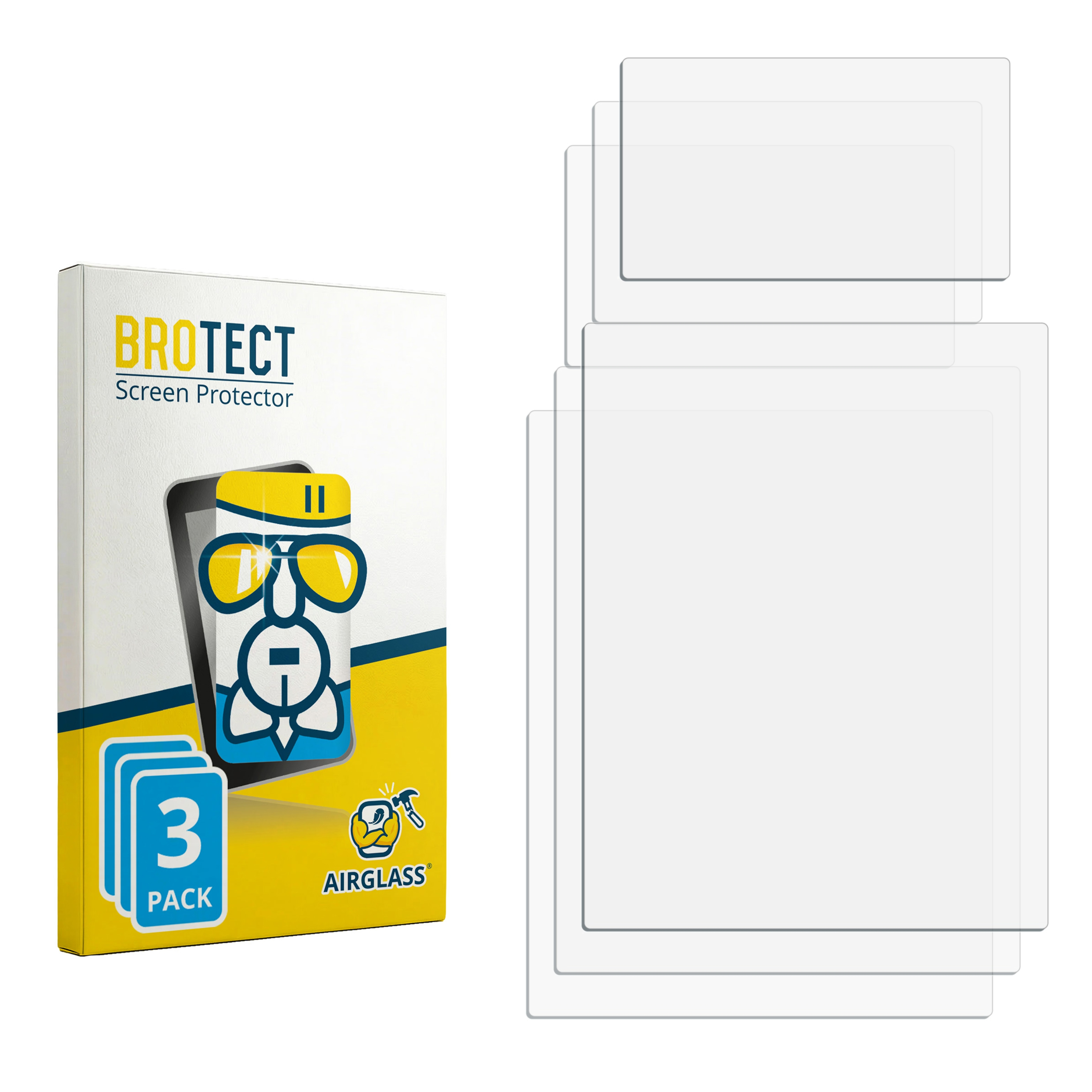 BROTECT AirGlass Display Schutzfolie 3er-Pack mit Verpackung und Folien.