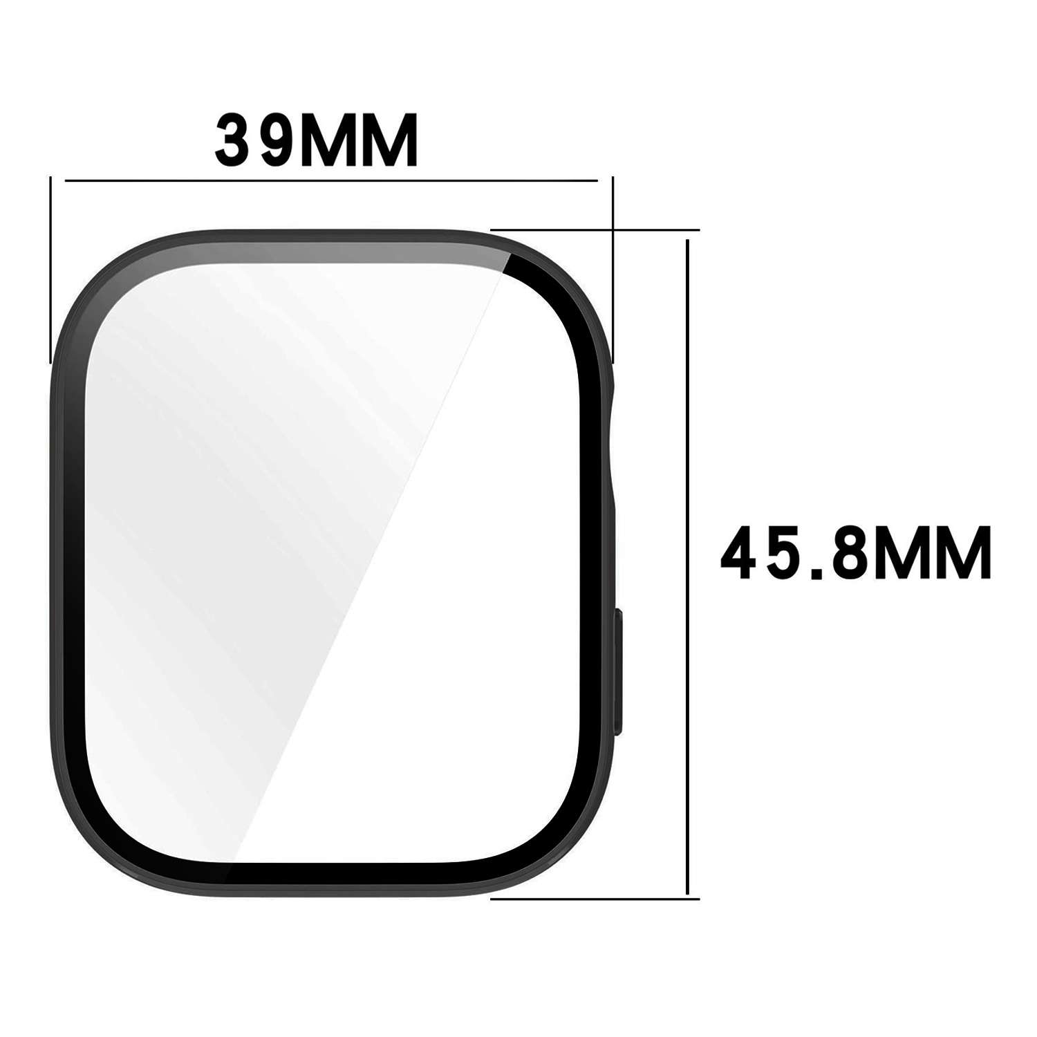 Diagrama que muestra un reloj inteligente de 39 mm de ancho y 45,8 mm de alto.