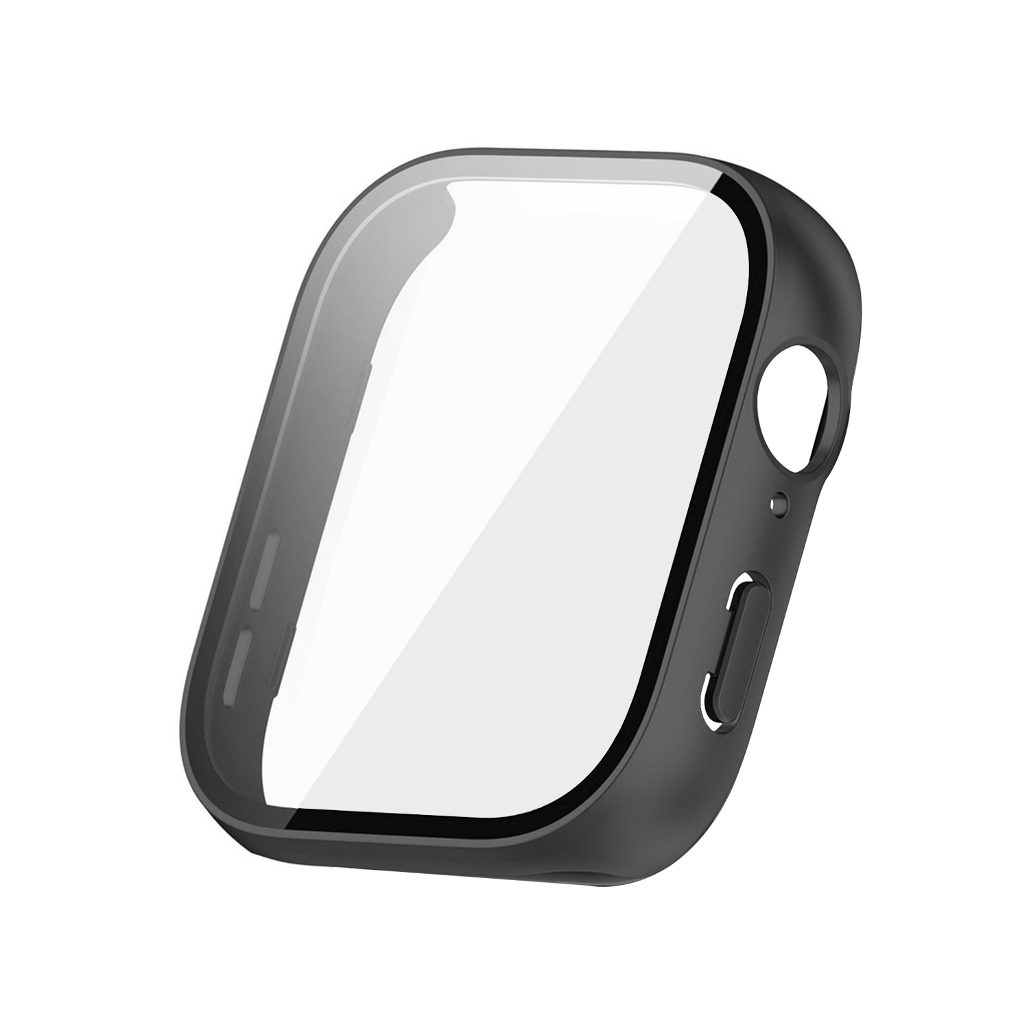 Funda protectora negra para reloj inteligente con cristal integrado sobre fondo blanco.