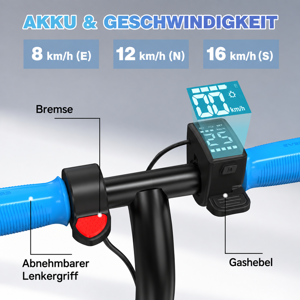 E-Scooter-Lenker mit Bremse, Gashebel und Display, das Geschwindigkeiten anzeigt.