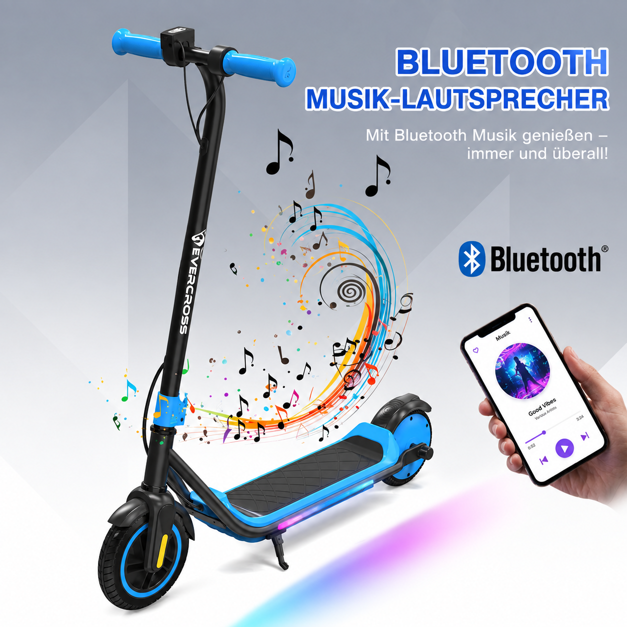 Ein schwarzer E-Scooter mit blauen Akzenten und Musiknoten, gesteuert per Smartphone.