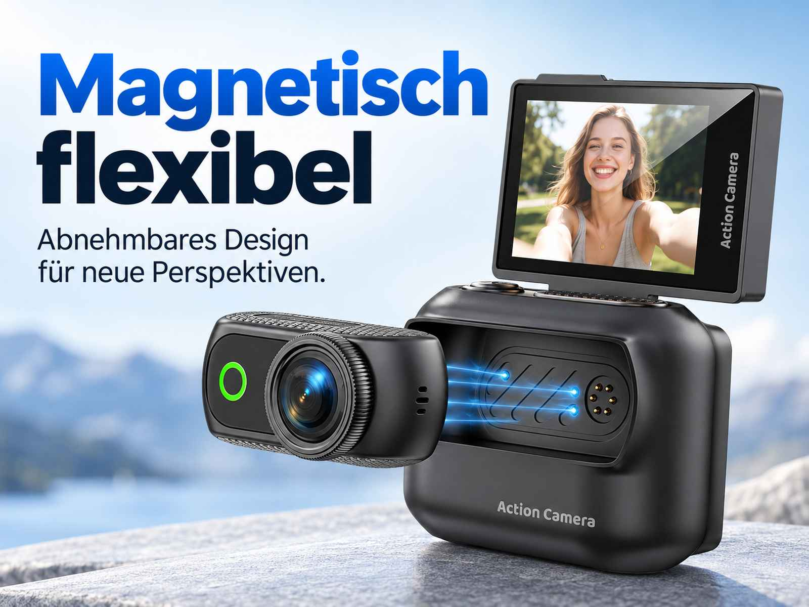 Schwarze Action-Kamera mit abnehmbarem magnetischem Objektiv, Text in deutscher Sprache und Bergkulisse im Hintergrund.