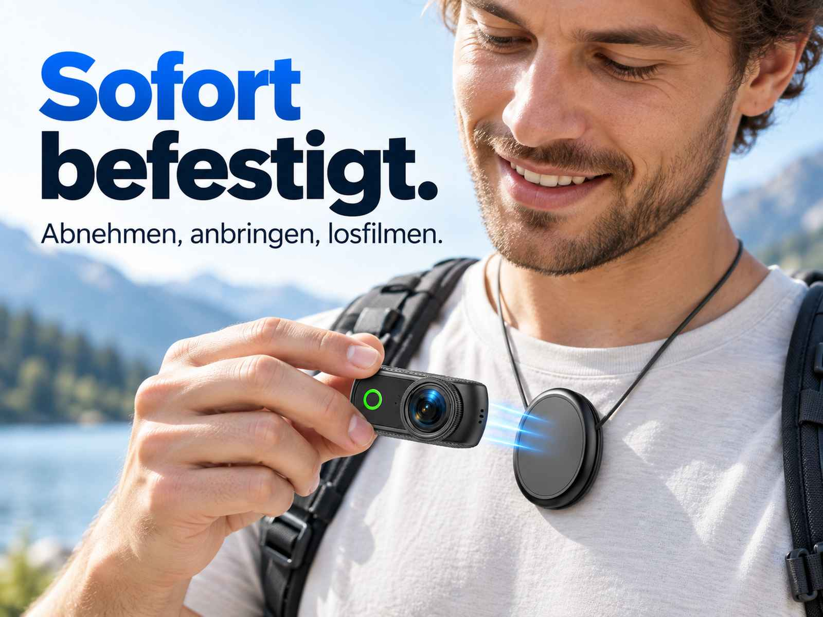 Ein Mann befestigt eine kleine schwarze Kamera magnetisch an einem Anhänger um seinen Hals vor einer Bergkulisse.