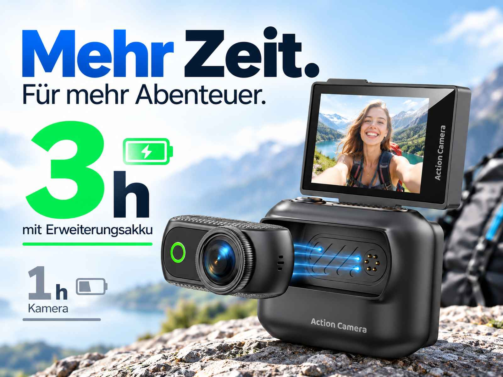 Action-Kamera mit Zusatzakku und Bergblick im Hintergrund.