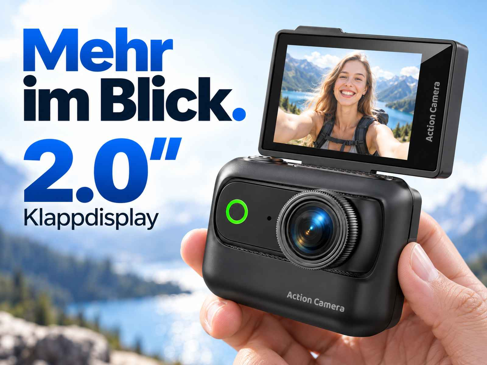Eine Hand hält eine schwarze Action-Kamera mit einem klappbaren Display, das eine selfie-aufnehmende Frau zeigt.