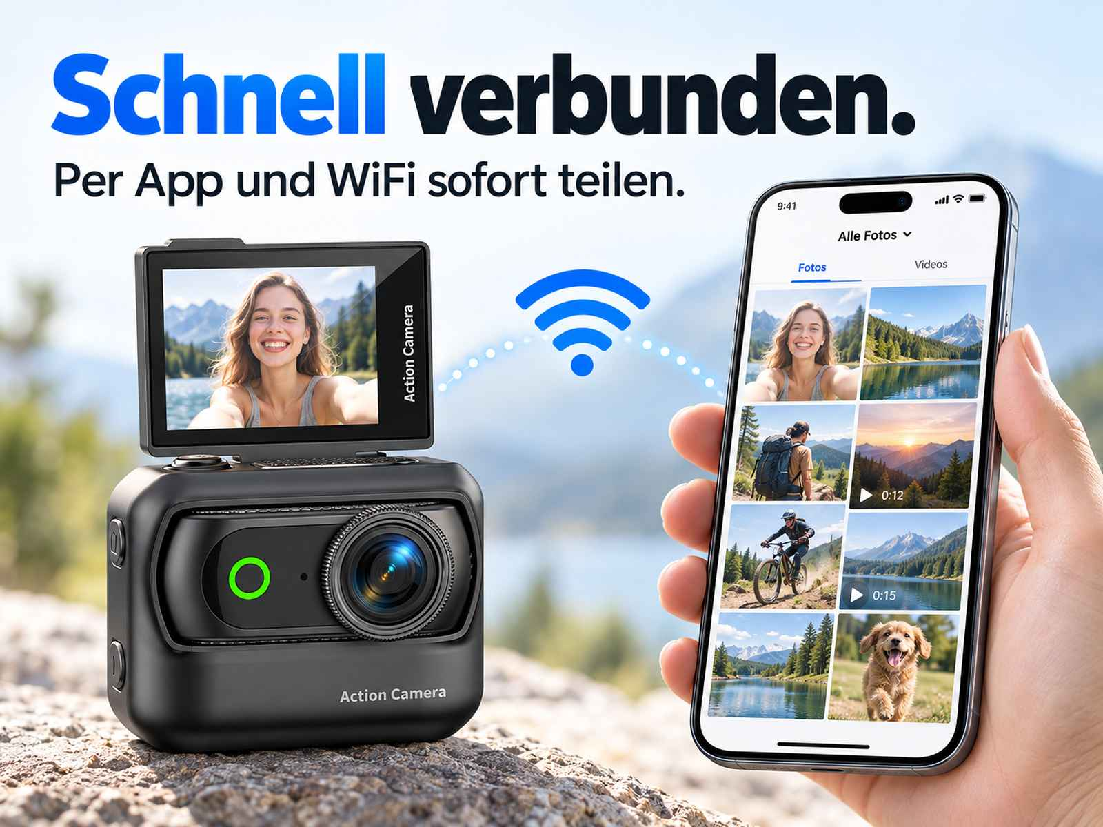 Action-Kamera verbindet sich über WLAN mit einem Smartphone zur Fotoübertragung.