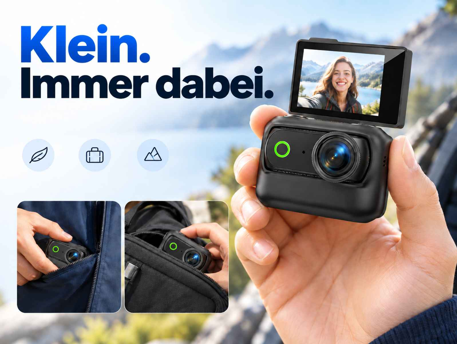 Eine Hand hält eine kompakte schwarze Actioncam mit Flip-Bildschirm, dazu zwei kleine Einfügungen.