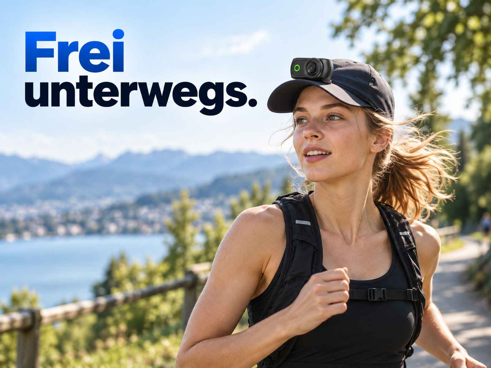 Eine Frau läuft auf einem Weg mit Bergen und einem See im Hintergrund, eine kleine Kamera auf ihrer Mütze.