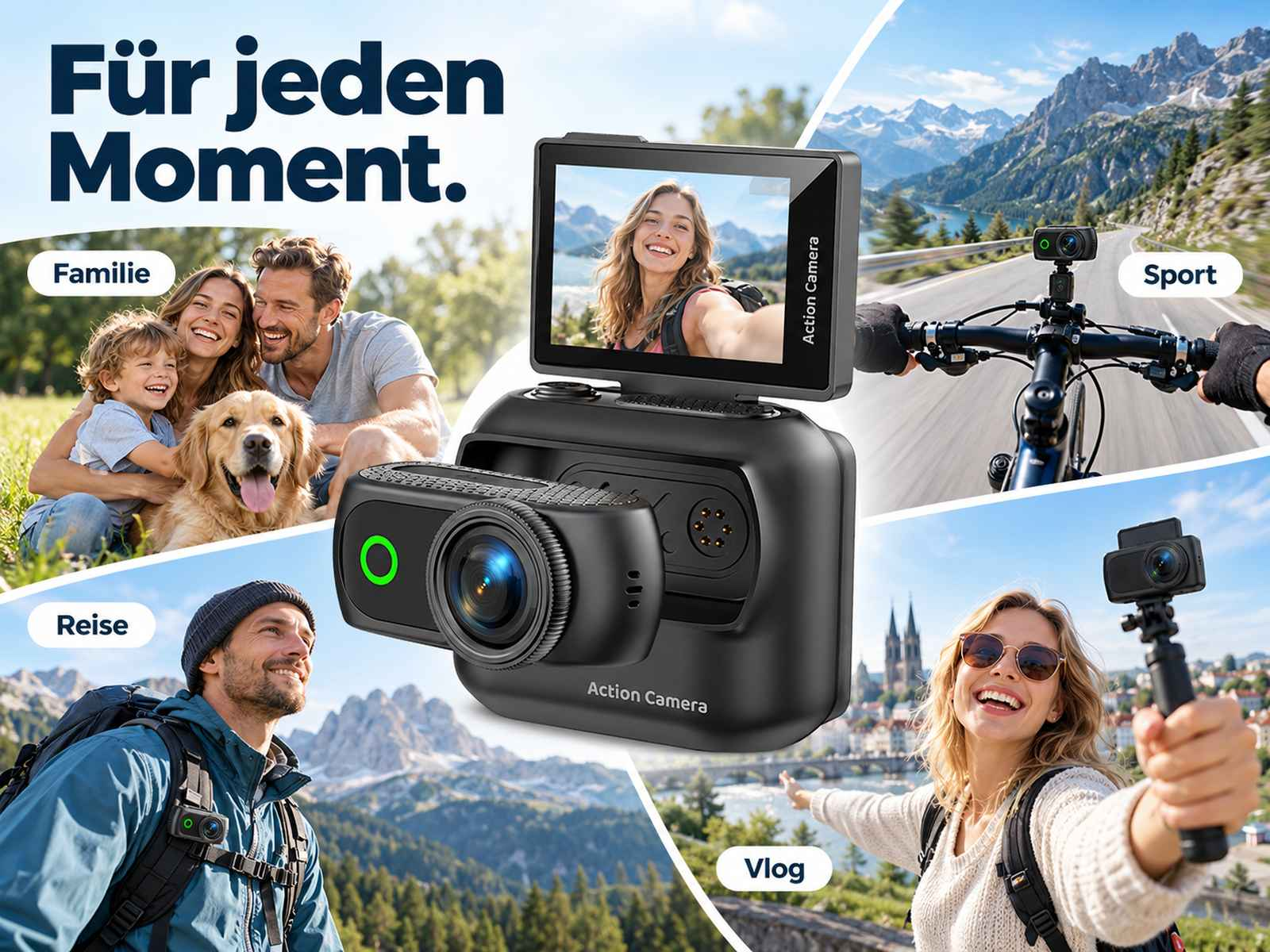 Werbebild für Actionkamera mit Einsatzszenarien wie Familie, Sport, Reise und Vlog.