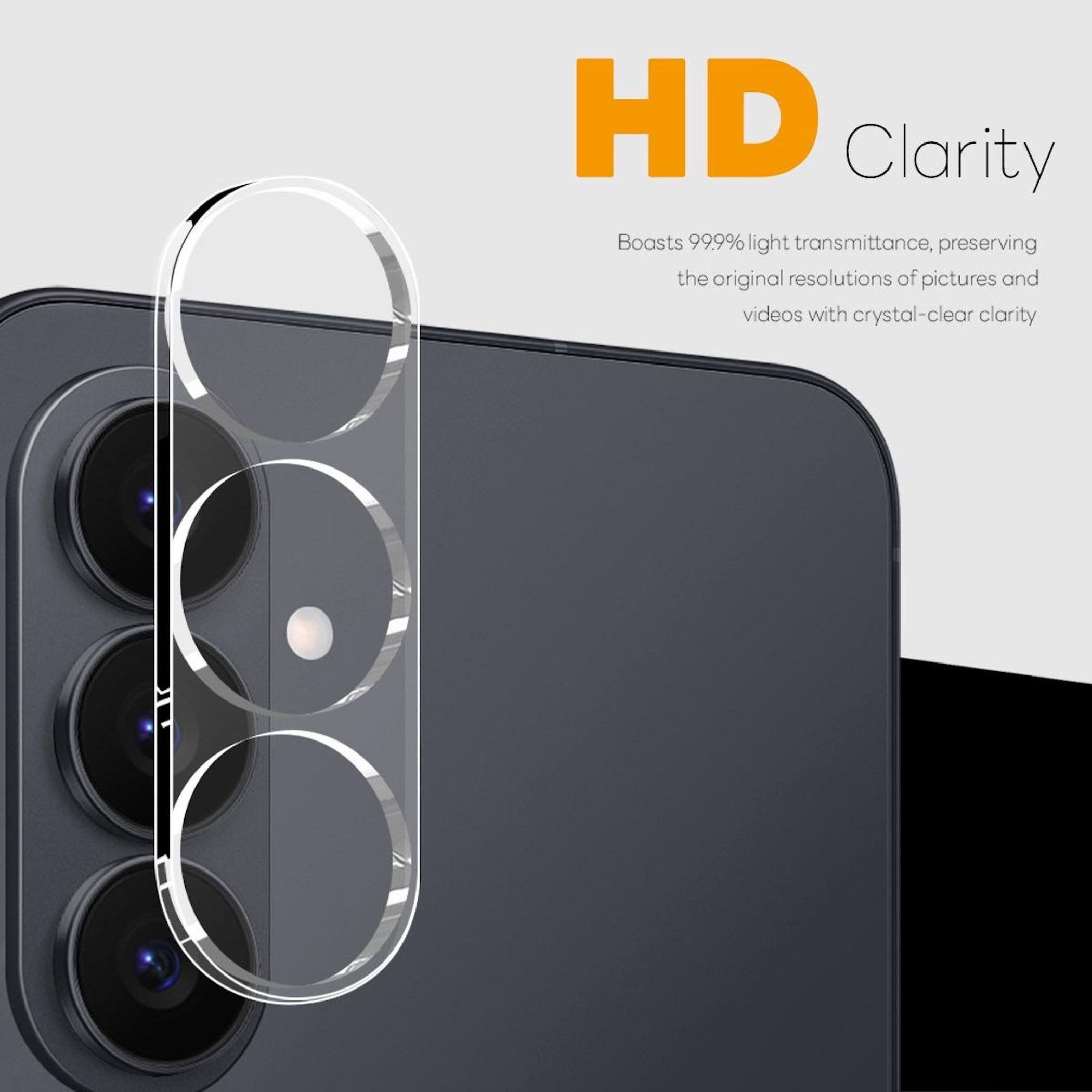 Ein Smartphone-Kameramodul mit transparentem Linsenschutz, der HD-Klarsicht und Lichtdurchlässigkeit betont.