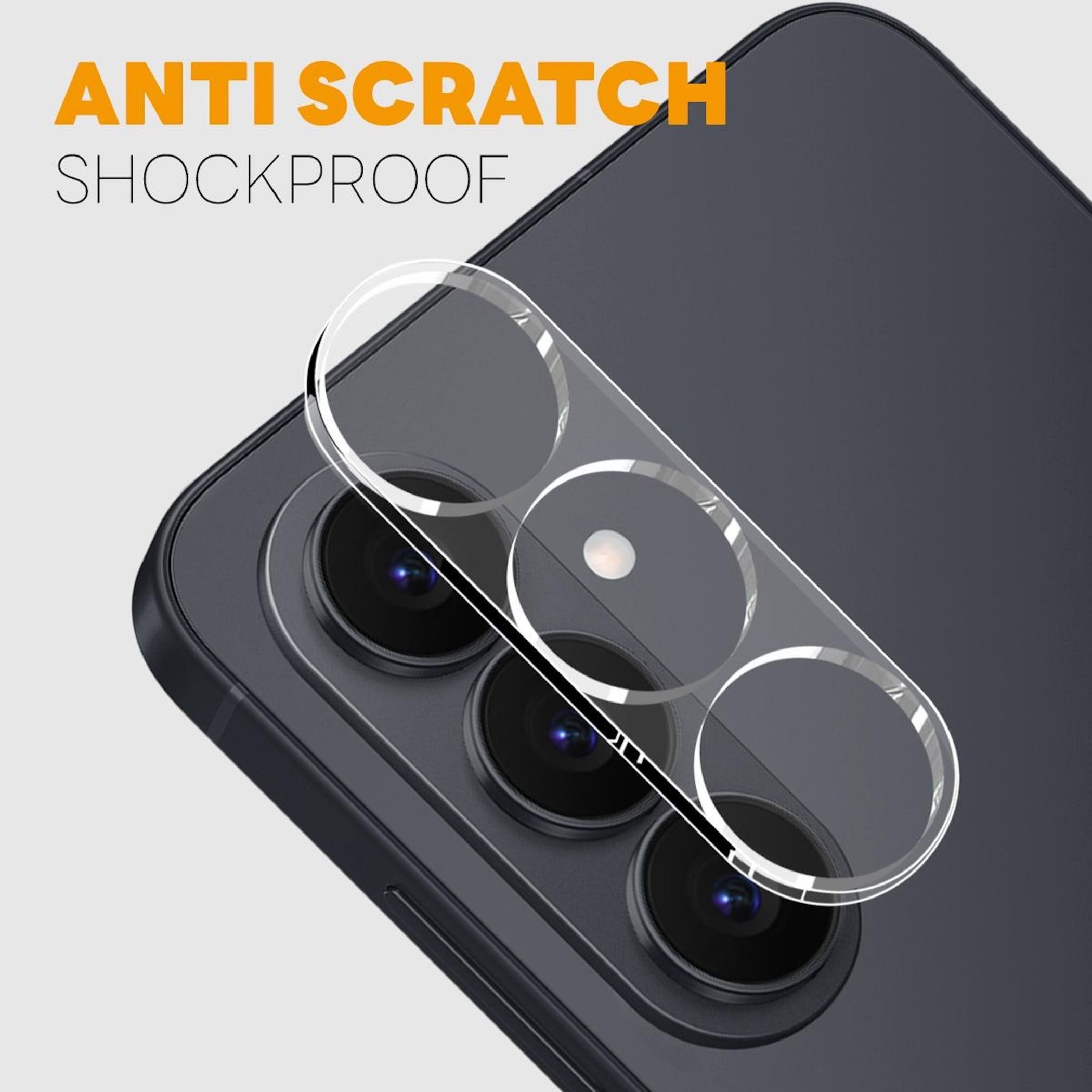 Kameraglas-Schutzfolie auf einem Smartphone, mit Text anti scratch und shockproof.