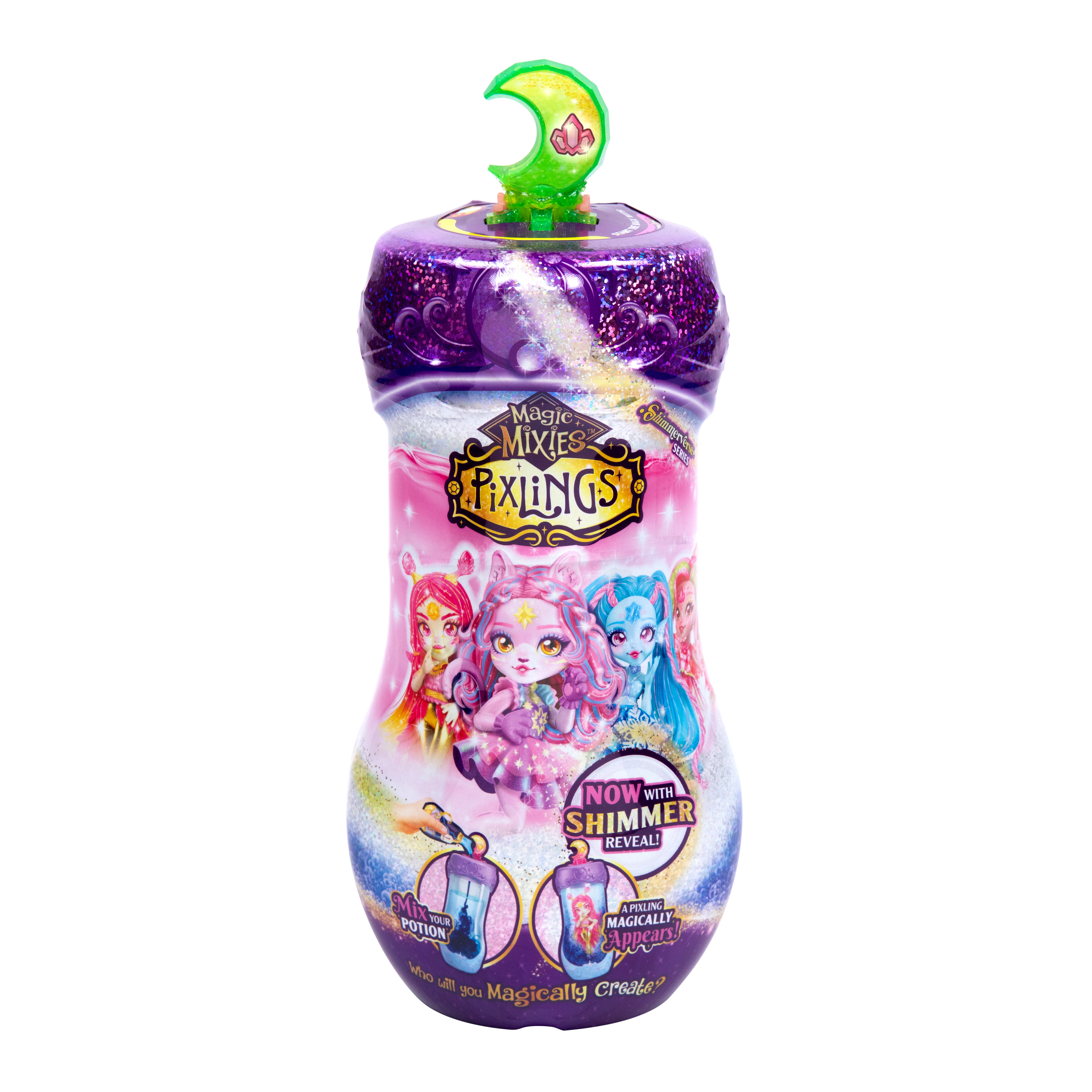 Magic Mixies Pixlings Spielzeugflasche mit rosa Figuren, Glitzer und grünem Halbmond-Aufsatz auf weißem Hintergrund.