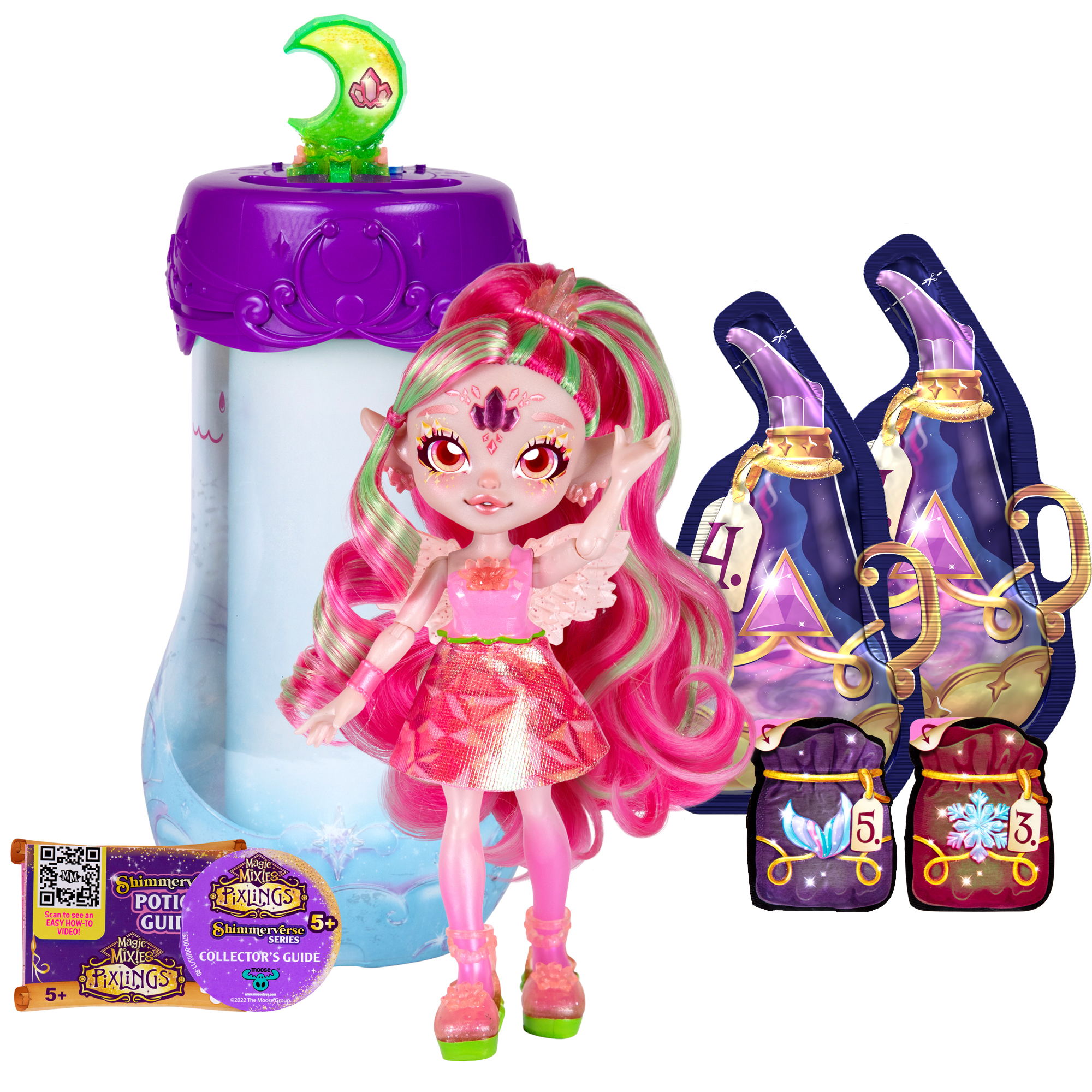 Eine rosa Fee-Puppe mit bunten Haaren steht vor einer Zaubertrankflasche, begleitet von Zubehör.