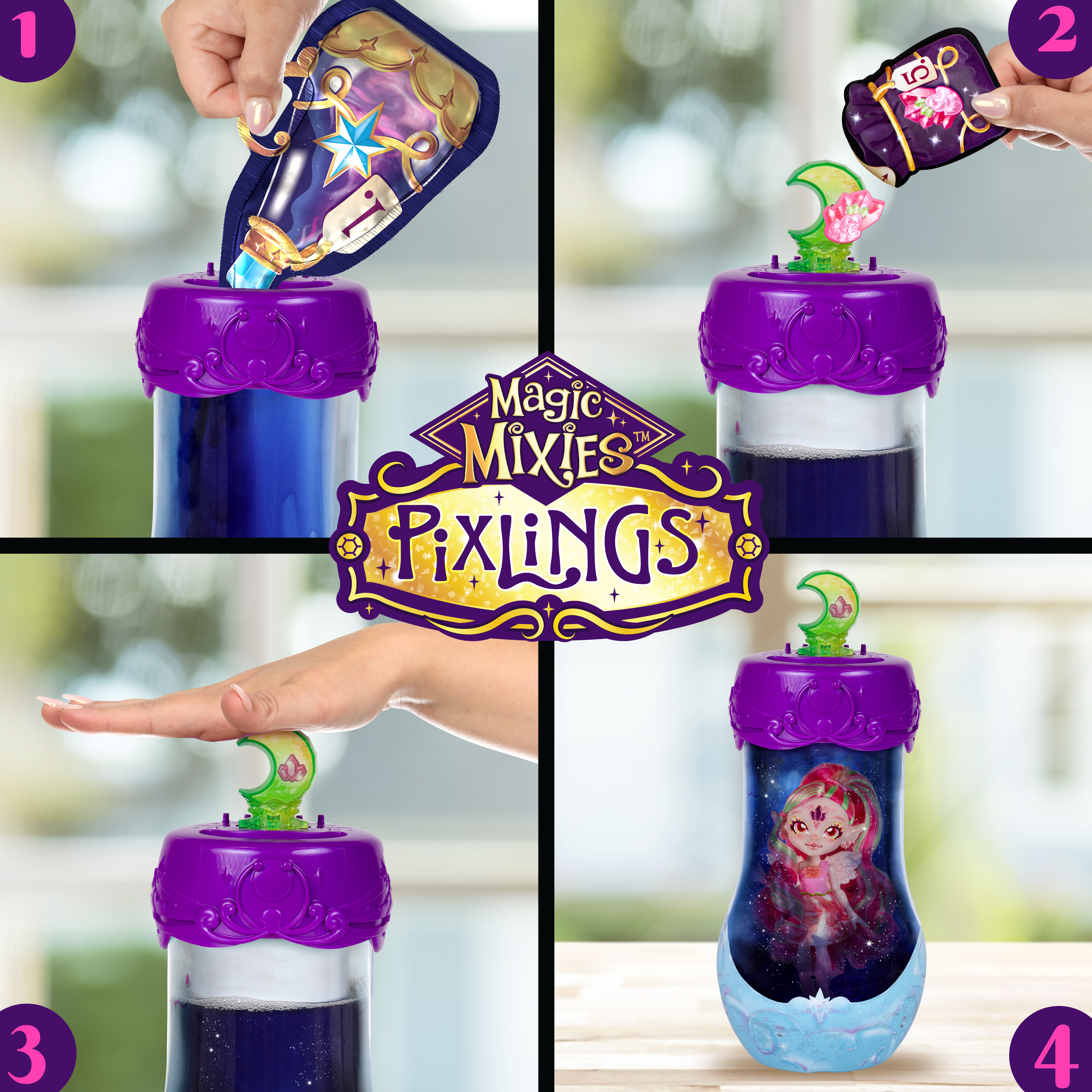 Vierteiliges Bild zeigt Zaubertrankherstellung mit Magic Mixies Pixlings Spielzeug.