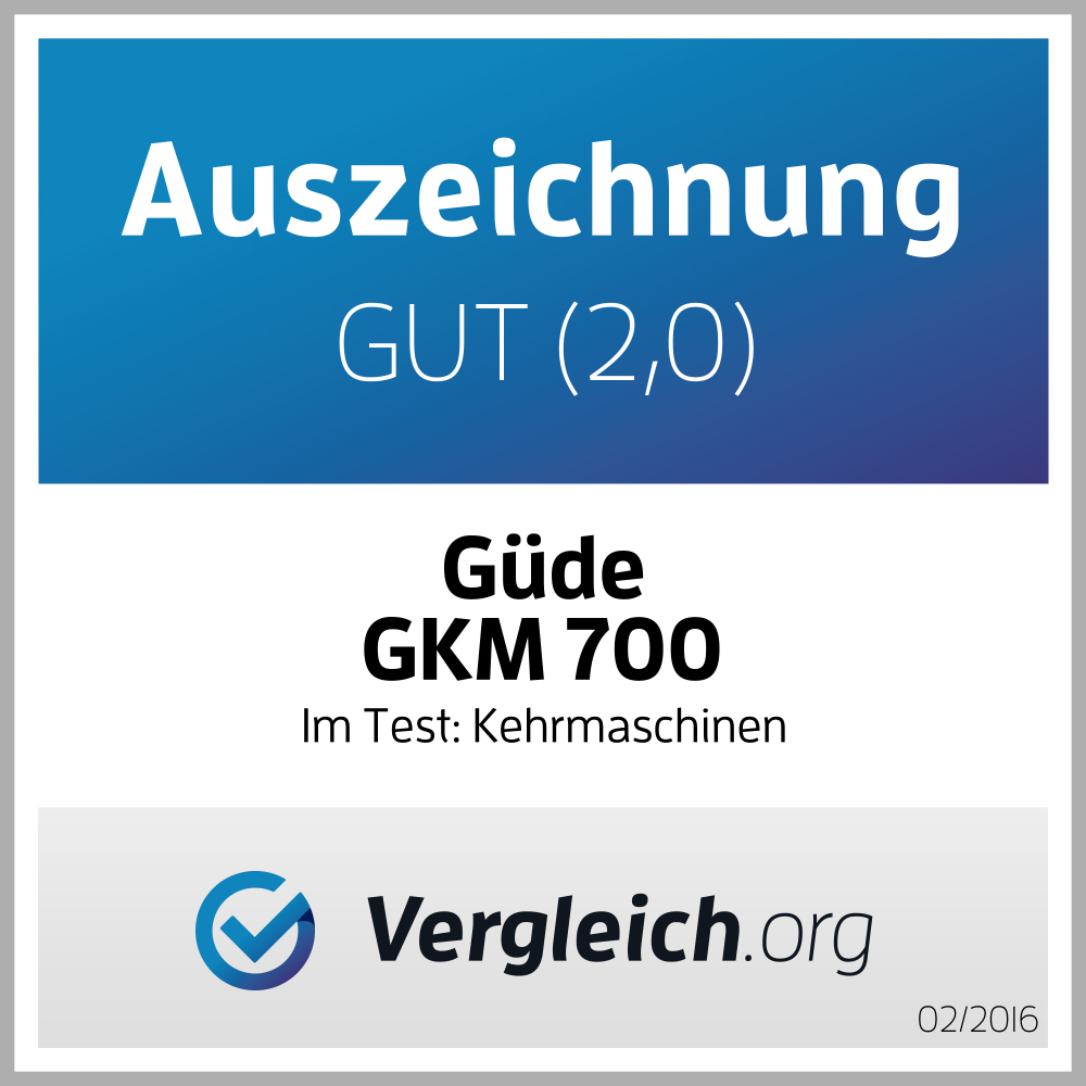 Auszeichnungssiegel für Güde GKM 700 Kehrmaschine Note GUT 2,0 von Vergleich.org, Datum 02/2016.