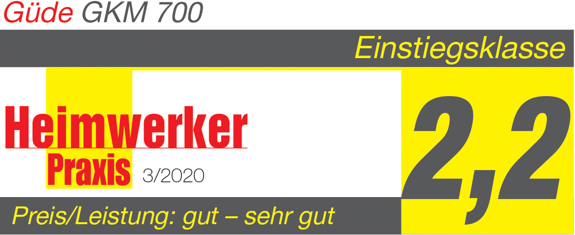 Bewertung Güde GKM 700: Einstiegsklasse, Heimwerker Praxis 3/2020, Note 2,2, Preis/Leistung: gut - sehr gut.