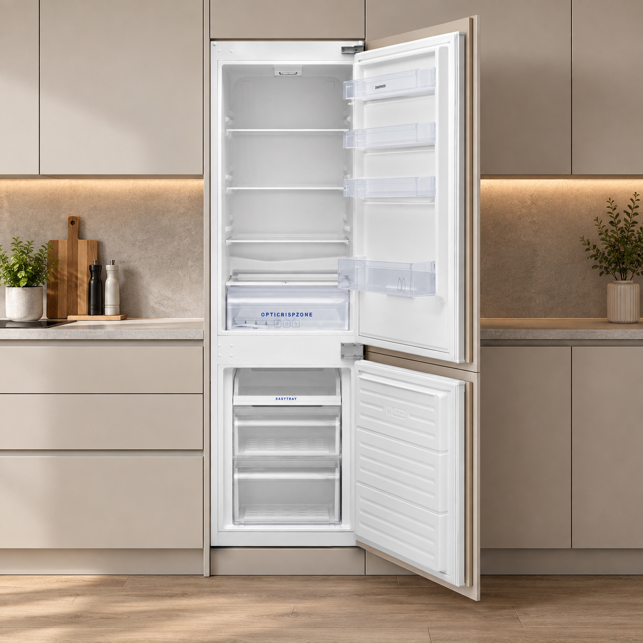 Offener weißer Einbaukühlschrank mit offenen Türen und Regalen, integriert in eine moderne, helle Küche.