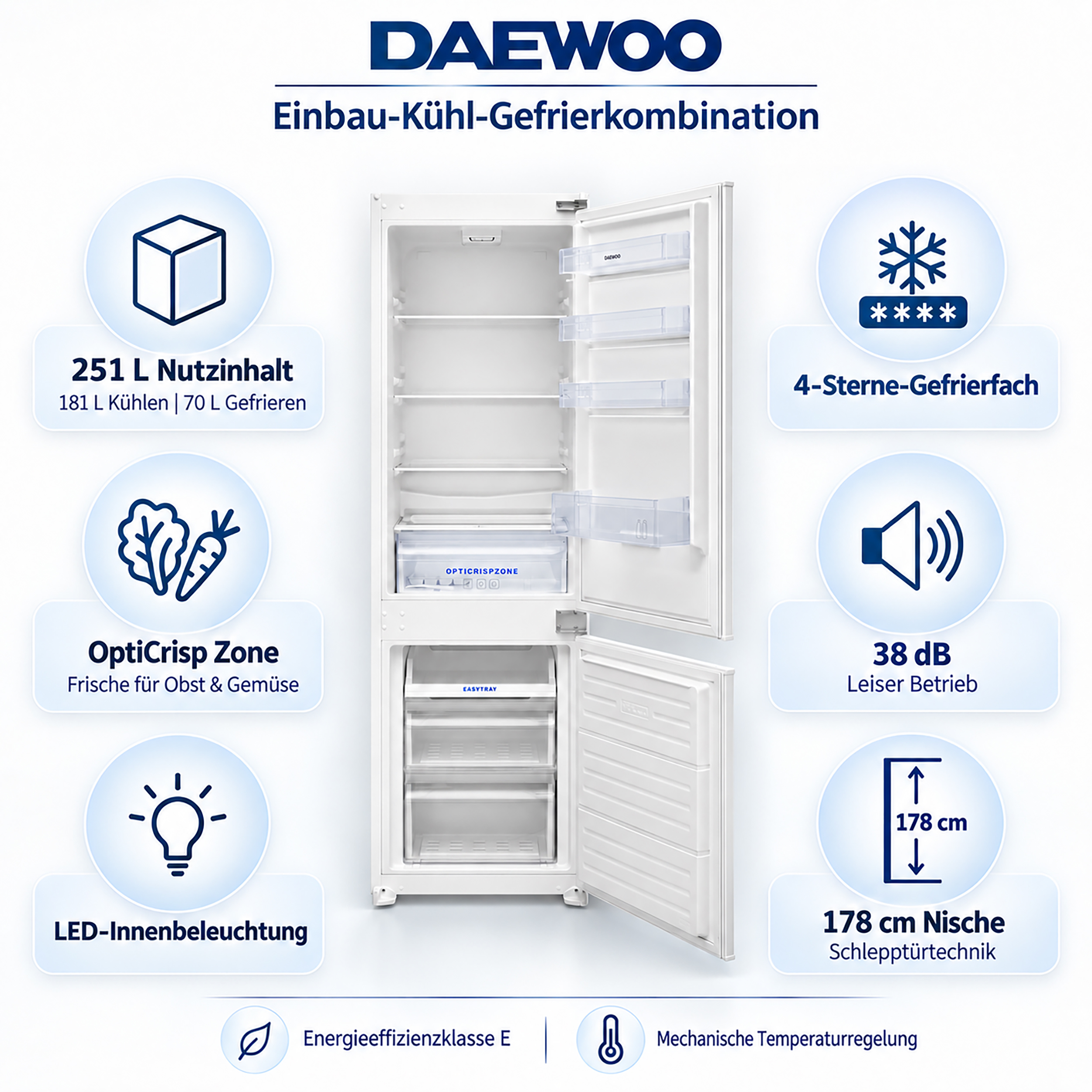 Daewoo Einbau-Kühl-Gefrierkombination mit geöffneten Türen, umgeben von Funktionssymbolen.