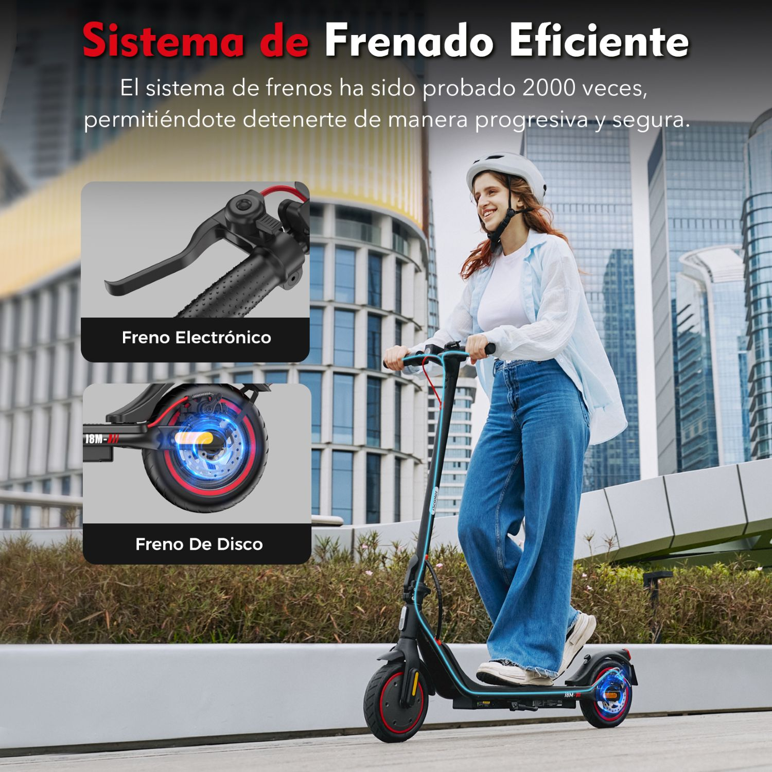 Mujer montando un patinete eléctrico en la ciudad, con detalles del freno electrónico y de disco.