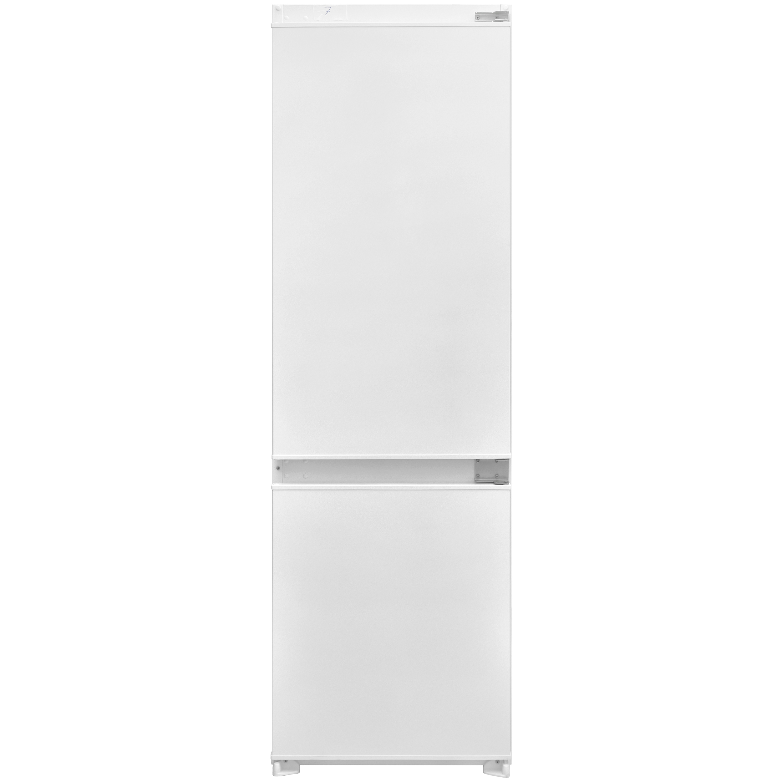 Ein weißer, freistehender Kühlschrank mit Gefrierfach unten auf einem neutralen weißen Hintergrund.
