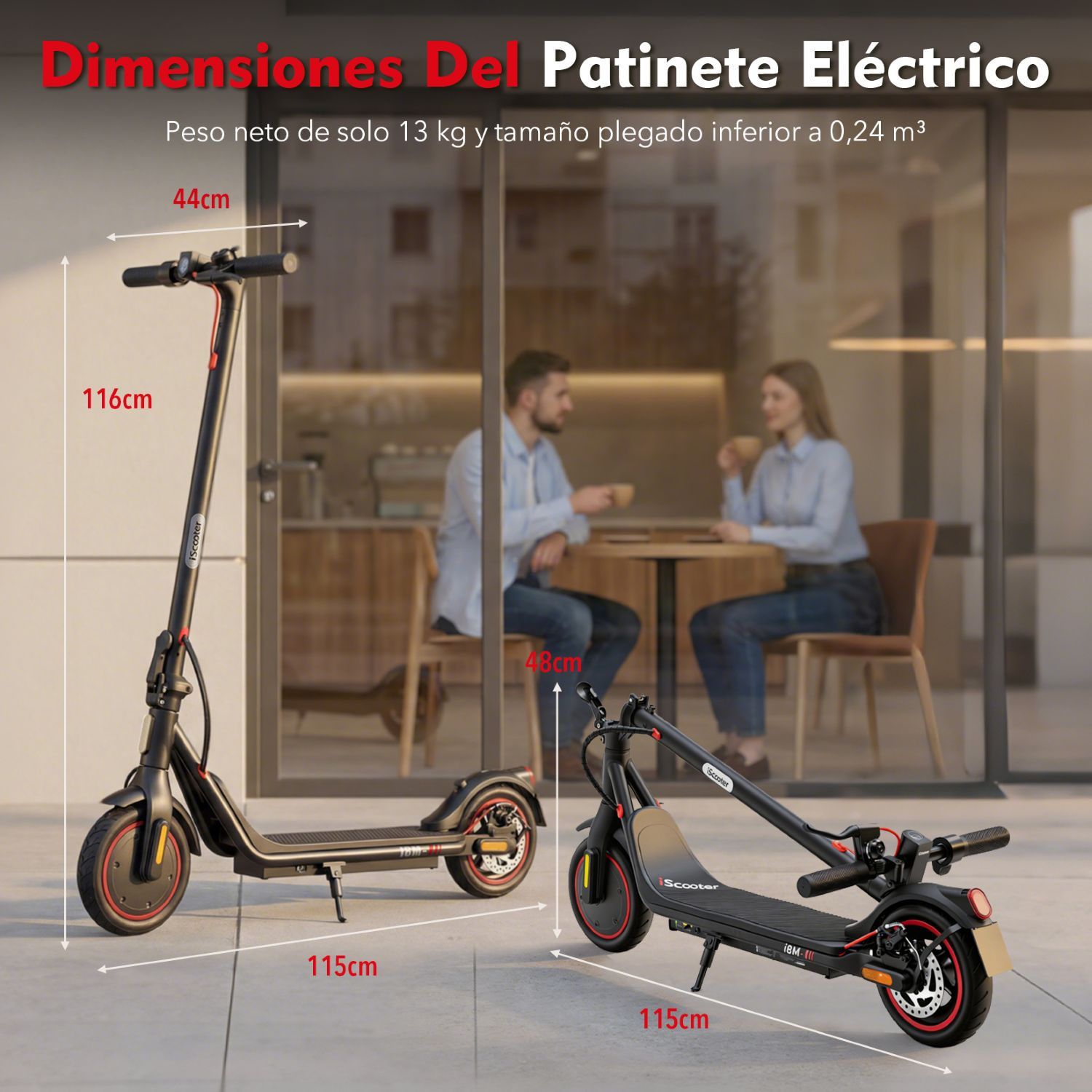 Un patinete eléctrico con anotaciones de dimensiones, mostrando su altura, longitud y una versión plegada.