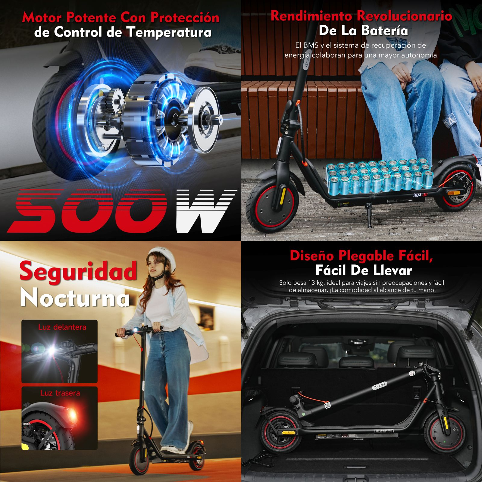 Cuatro imágenes muestran detalles del monopatín eléctrico: motor, batería, luces y maletero.