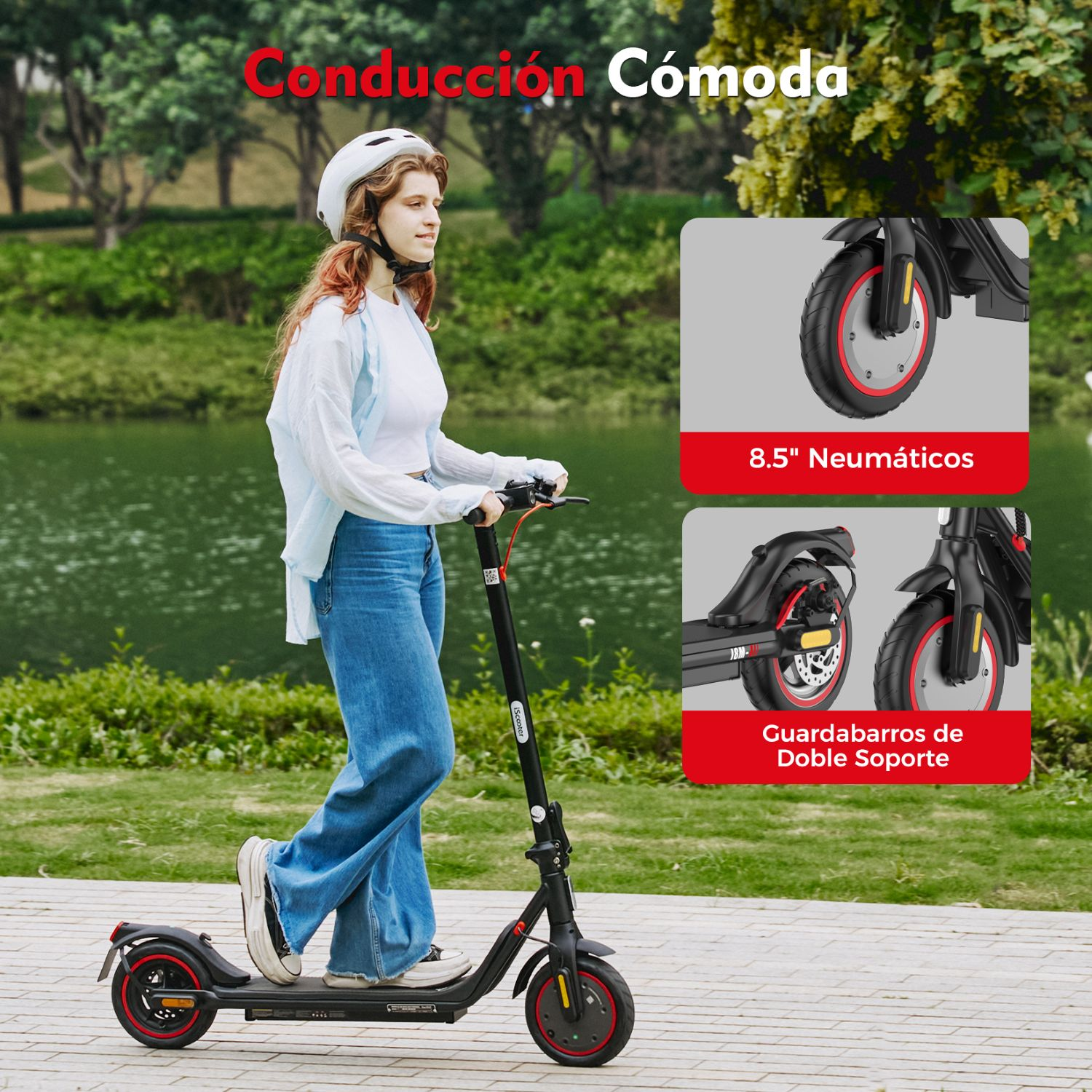 Una mujer con casco monta un patinete eléctrico en un parque, con recuadros de neumáticos y guardabarros.